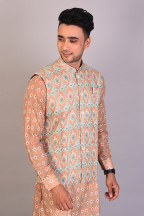Long Peach Printed Silk Kurta with Full Sleeves and Jacket - Keya Seth Exclusive