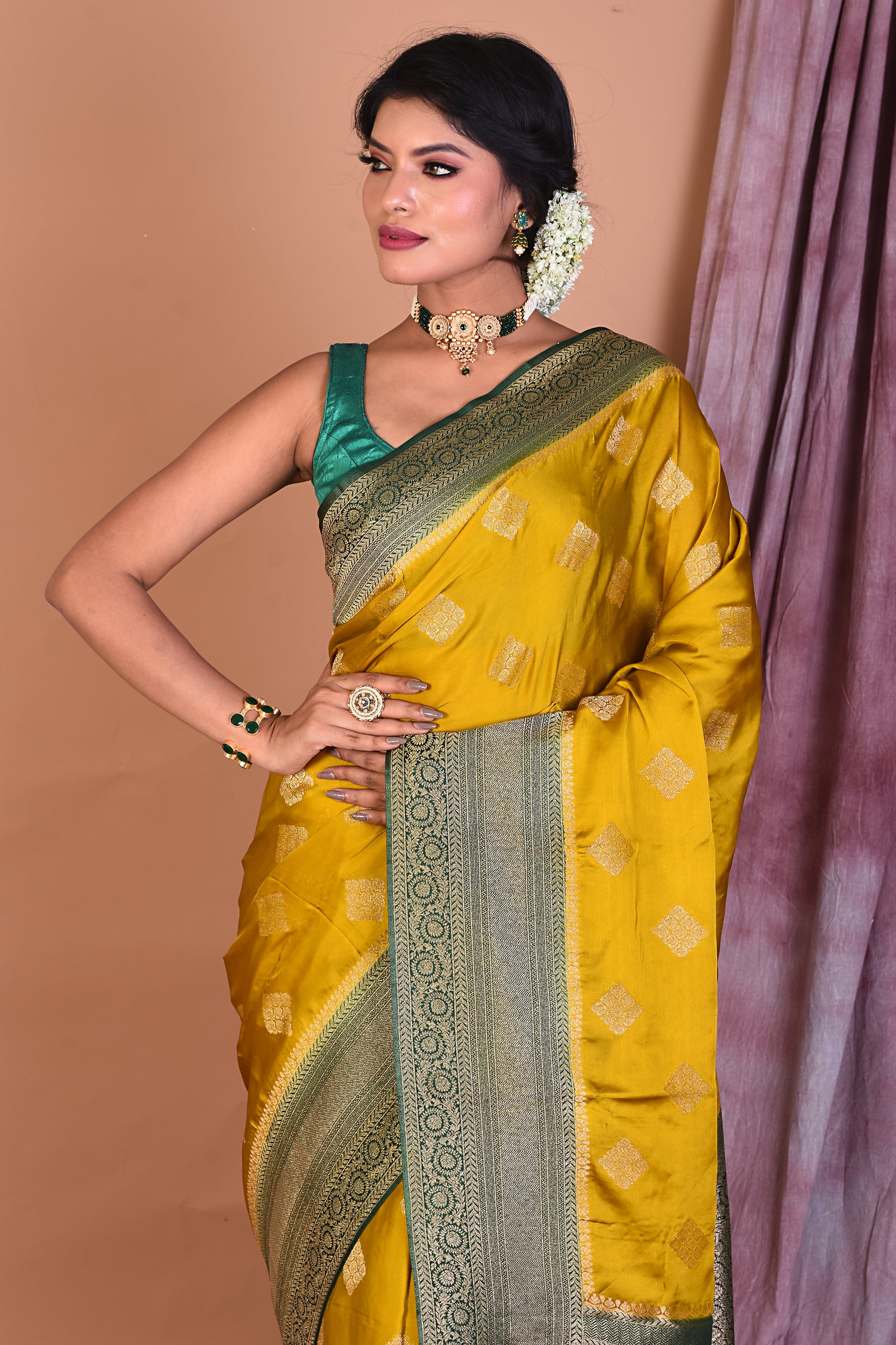 Yellow Satin Silk Saree with Golden Zari - Keya Seth Exclusive