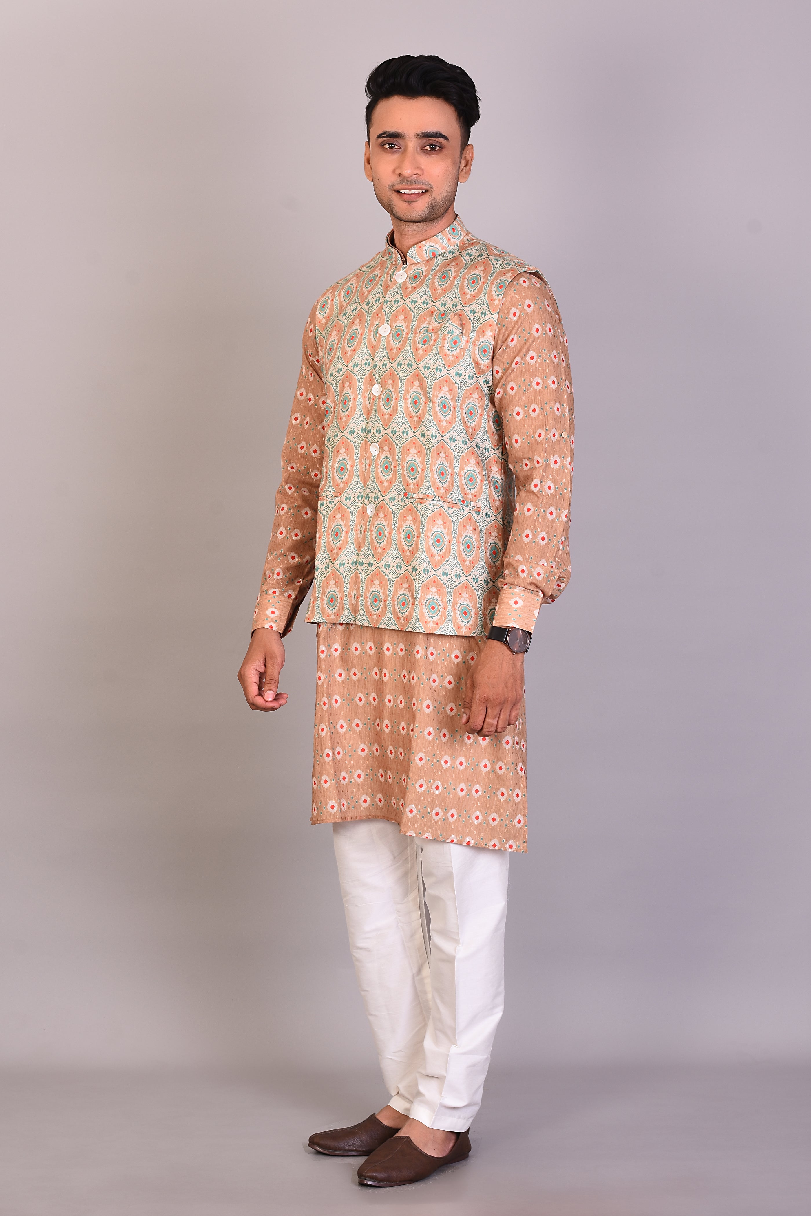 Long Peach Printed Silk Kurta with Full Sleeves and Jacket - Keya Seth Exclusive