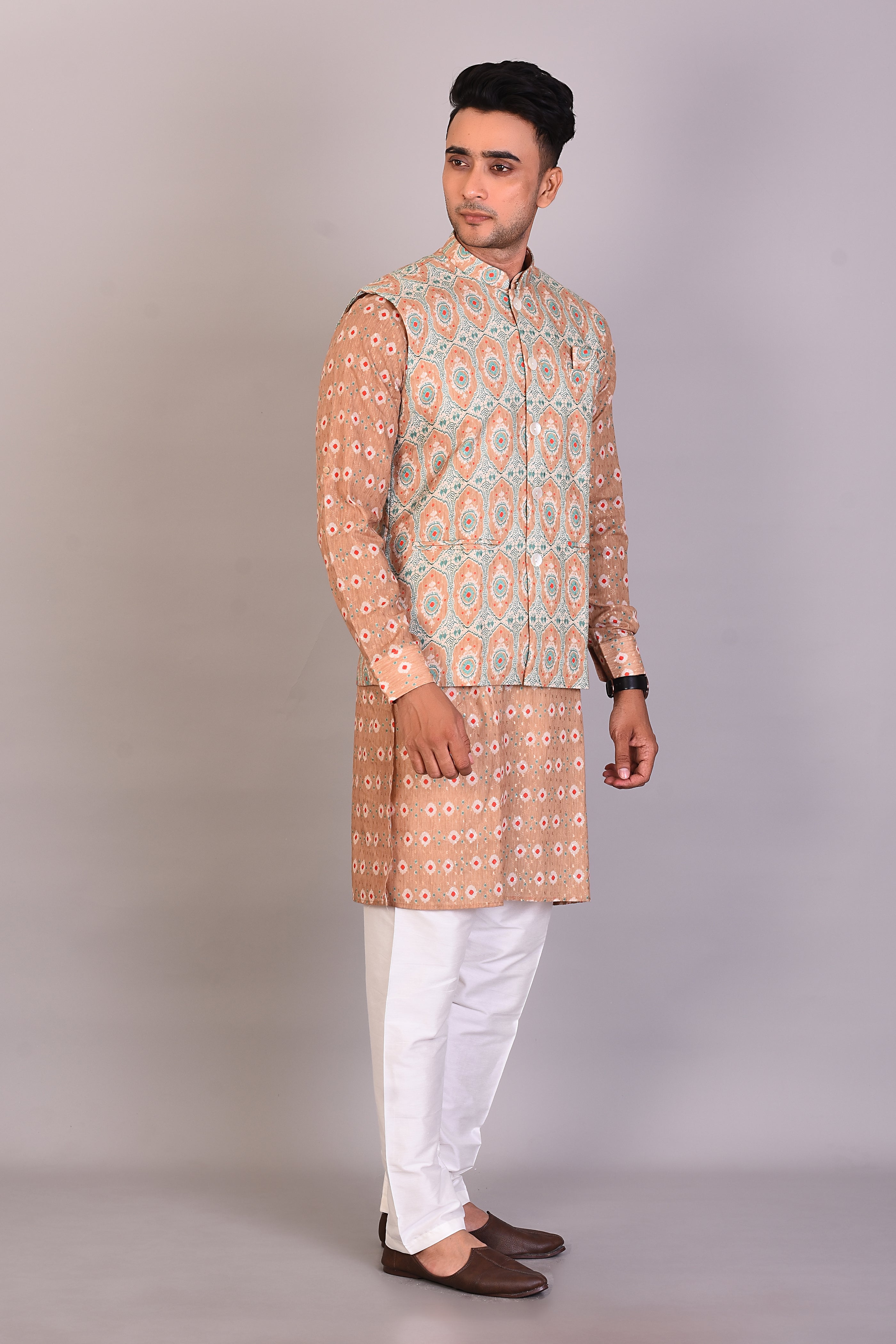 Long Peach Printed Silk Kurta with Full Sleeves and Jacket - Keya Seth Exclusive