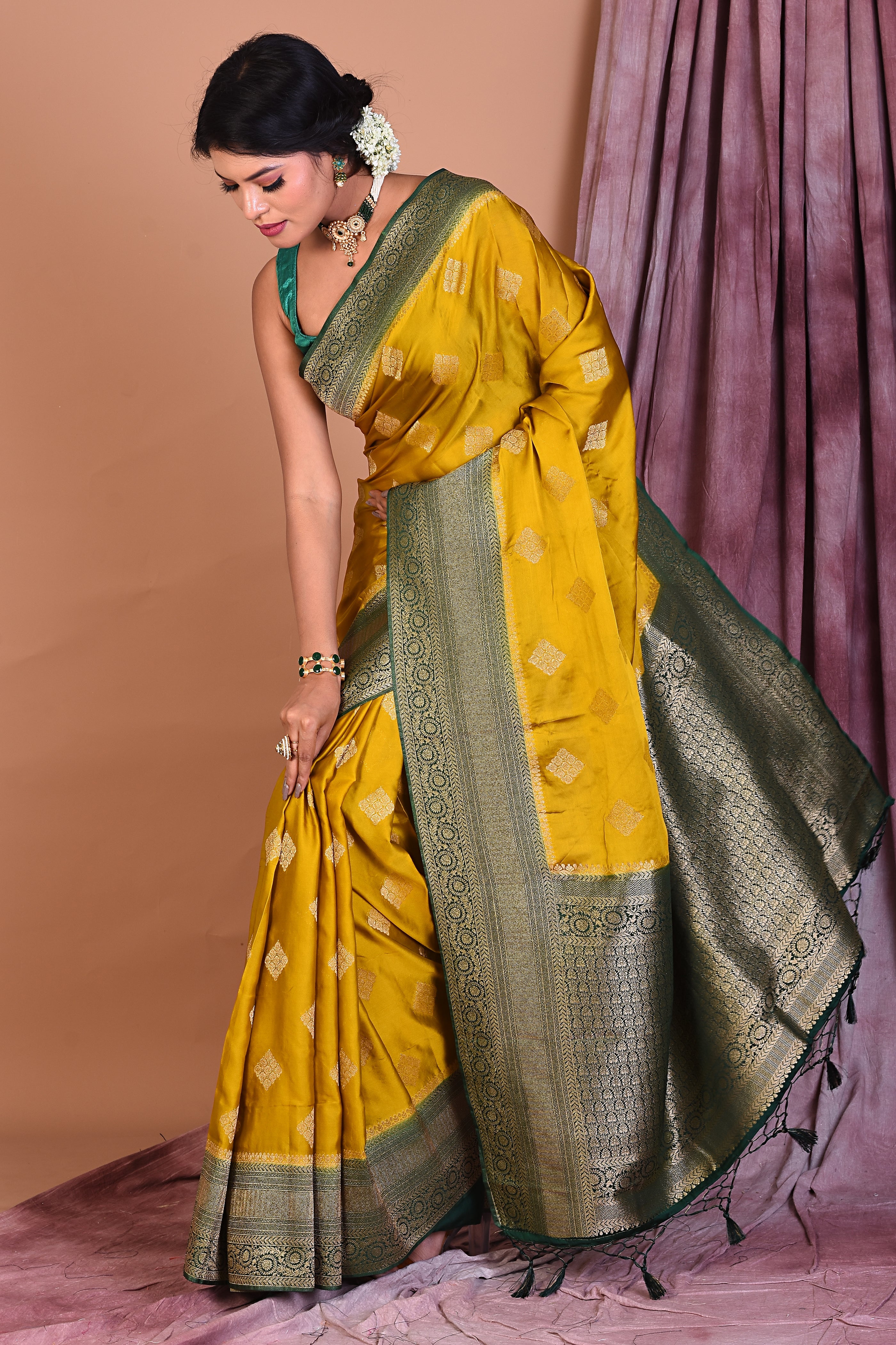 Yellow Satin Silk Saree with Golden Zari - Keya Seth Exclusive