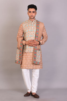 Long Peach Printed Silk Kurta with Full Sleeves and Jacket - Keya Seth Exclusive