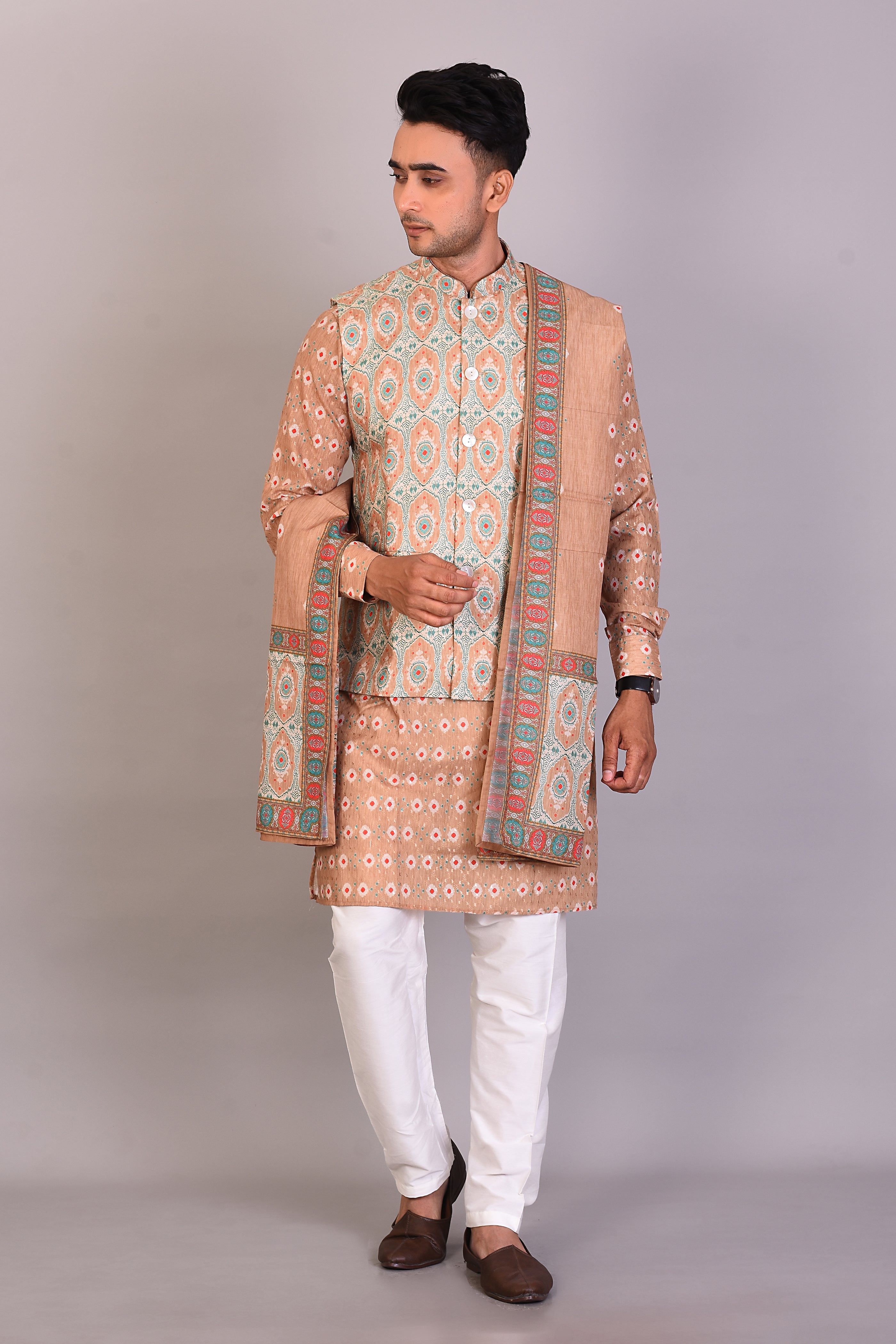 Long Peach Printed Silk Kurta with Full Sleeves and Jacket - Keya Seth Exclusive