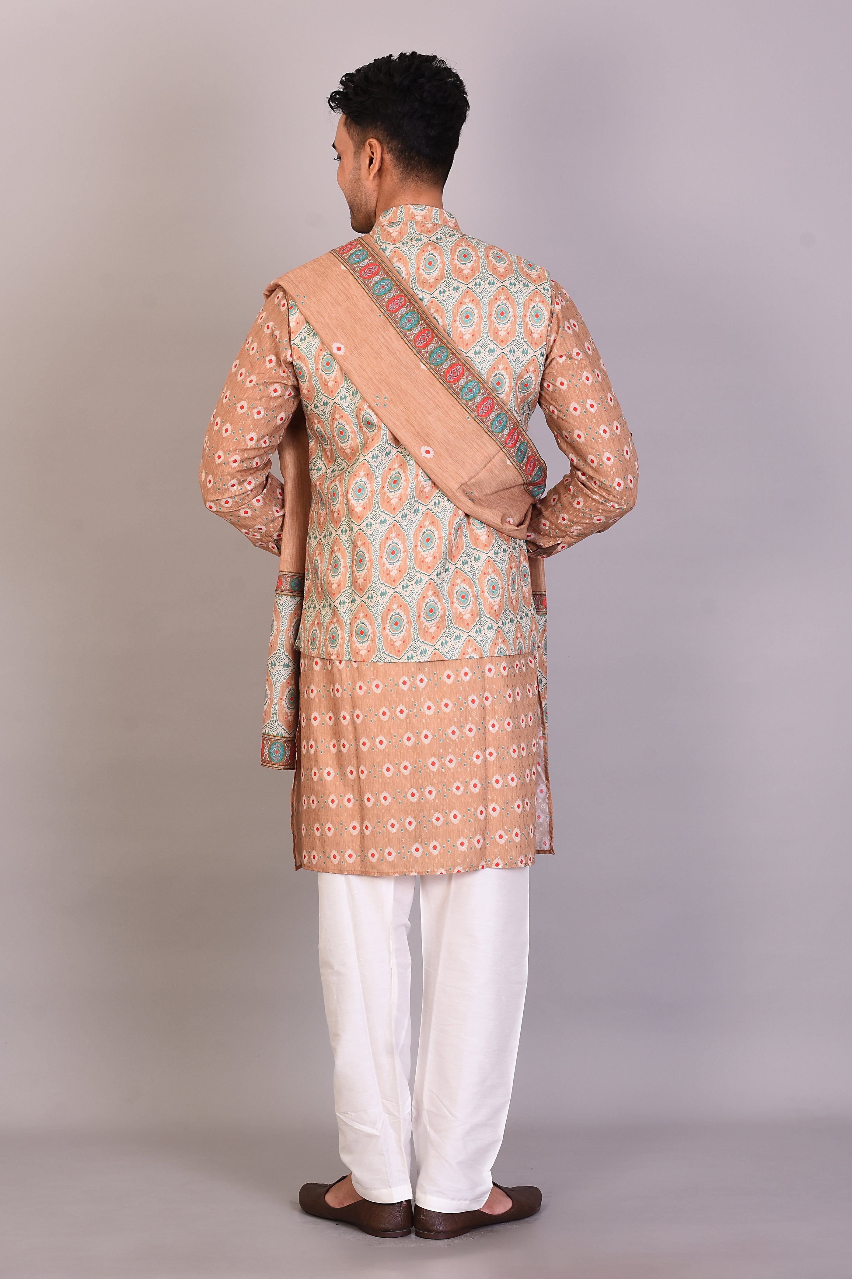 Long Peach Printed Silk Kurta with Full Sleeves and Jacket - Keya Seth Exclusive