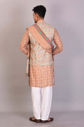 Long Peach Printed Silk Kurta with Full Sleeves and Jacket - Keya Seth Exclusive