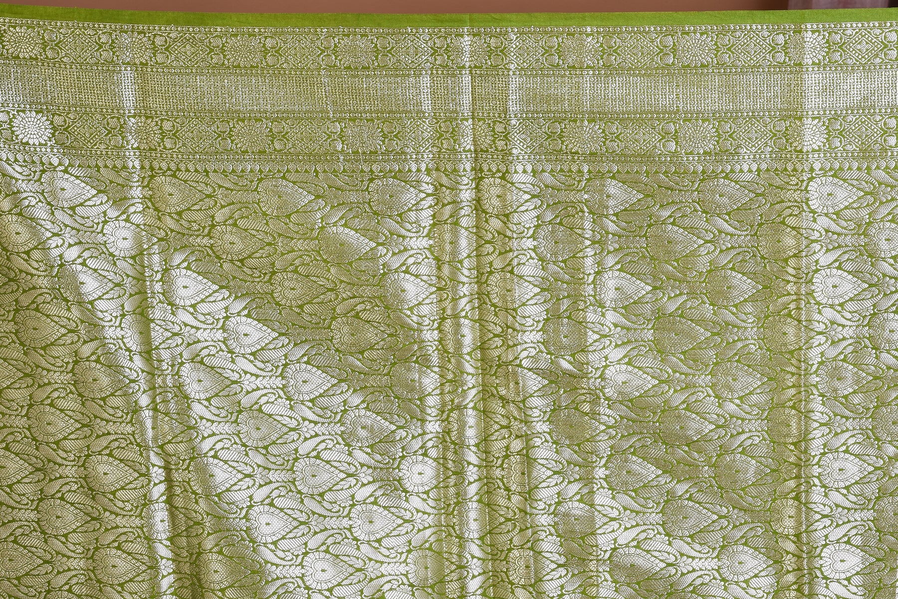 Leaf Green Semi Katan Saree with Golden Zari - Keya Seth Exclusive