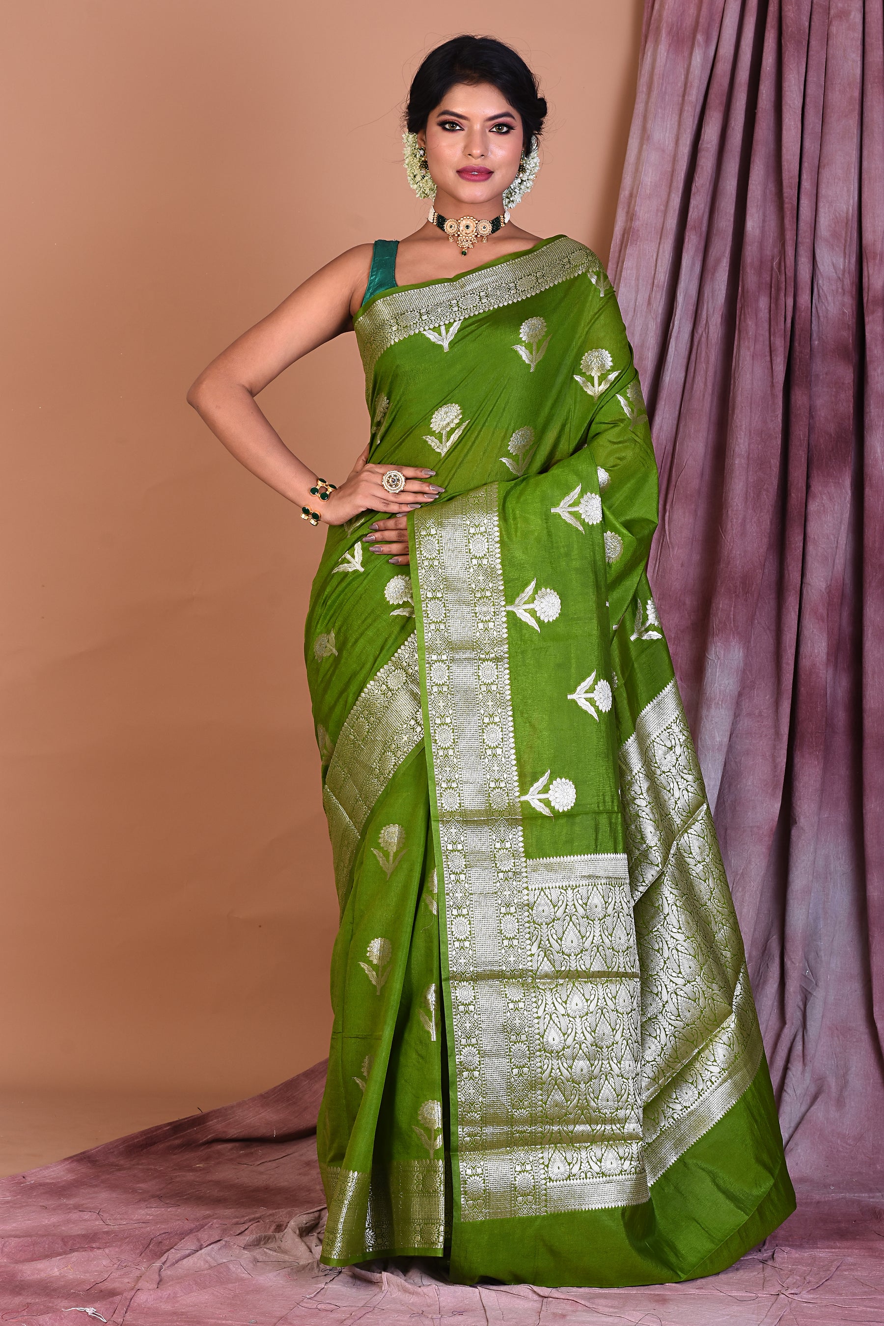 Leaf Green Semi Katan Saree with Golden Zari - Keya Seth Exclusive