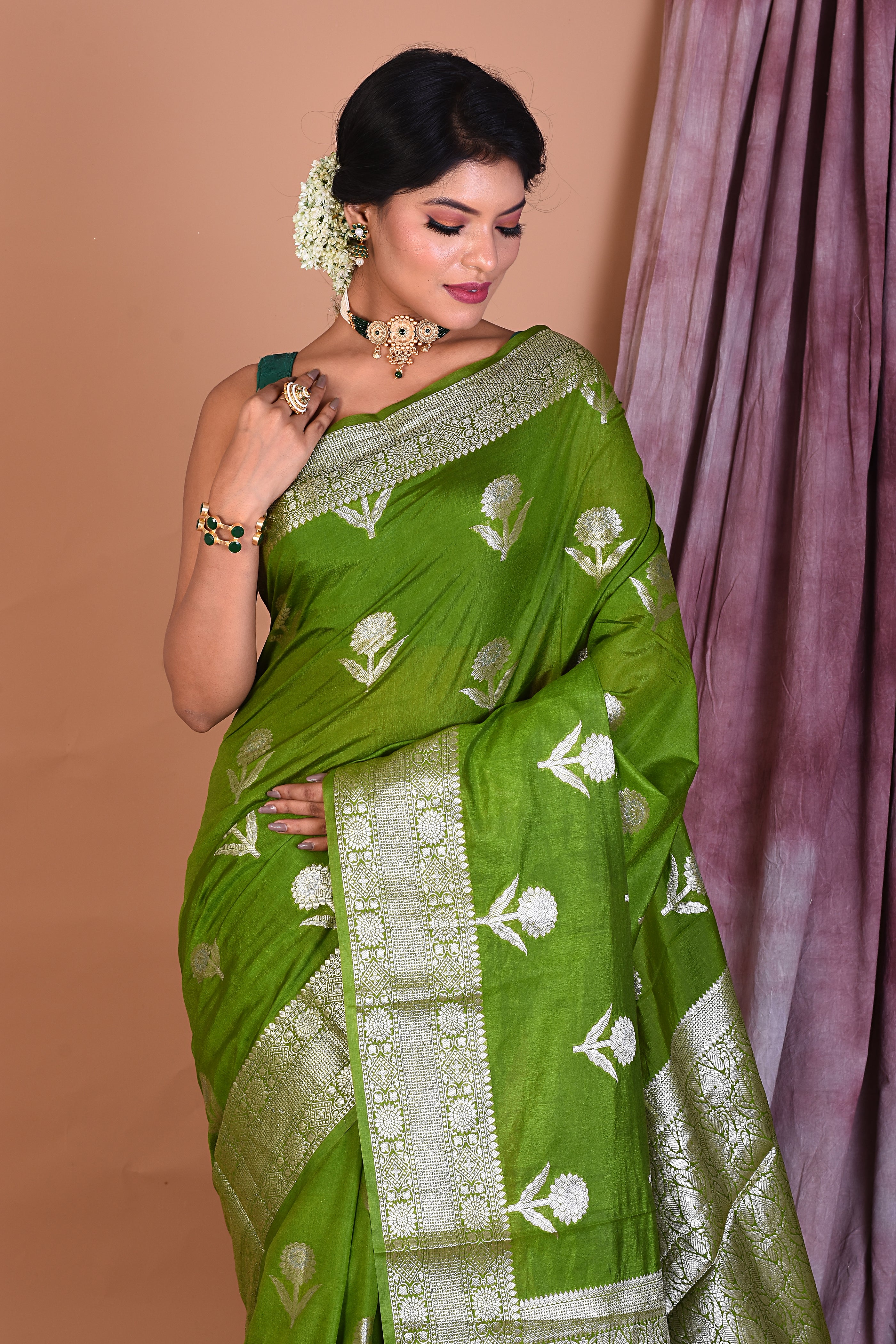 Leaf Green Semi Katan Saree with Golden Zari - Keya Seth Exclusive