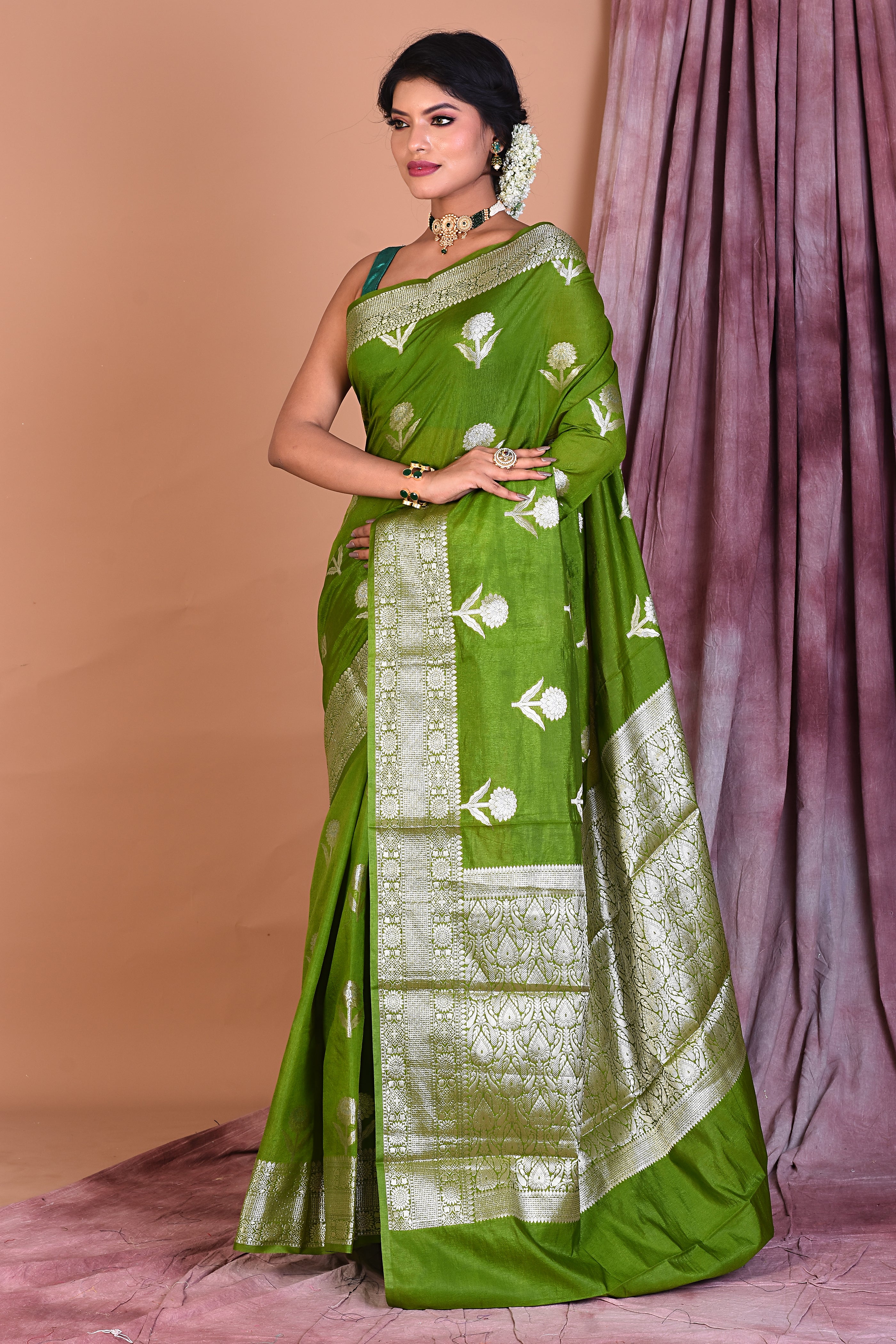 Leaf Green Semi Katan Saree with Golden Zari - Keya Seth Exclusive