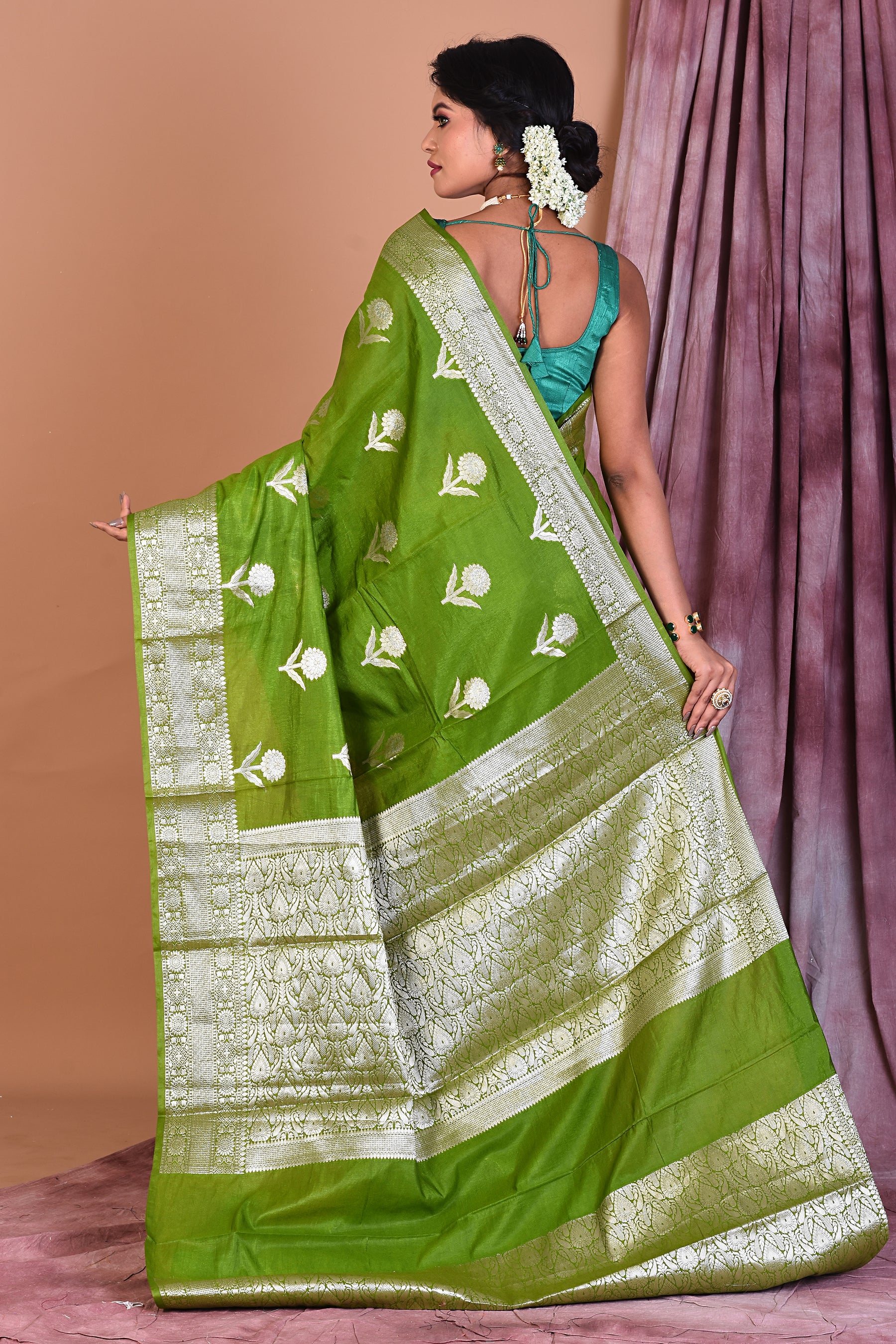 Leaf Green Semi Katan Saree with Golden Zari - Keya Seth Exclusive