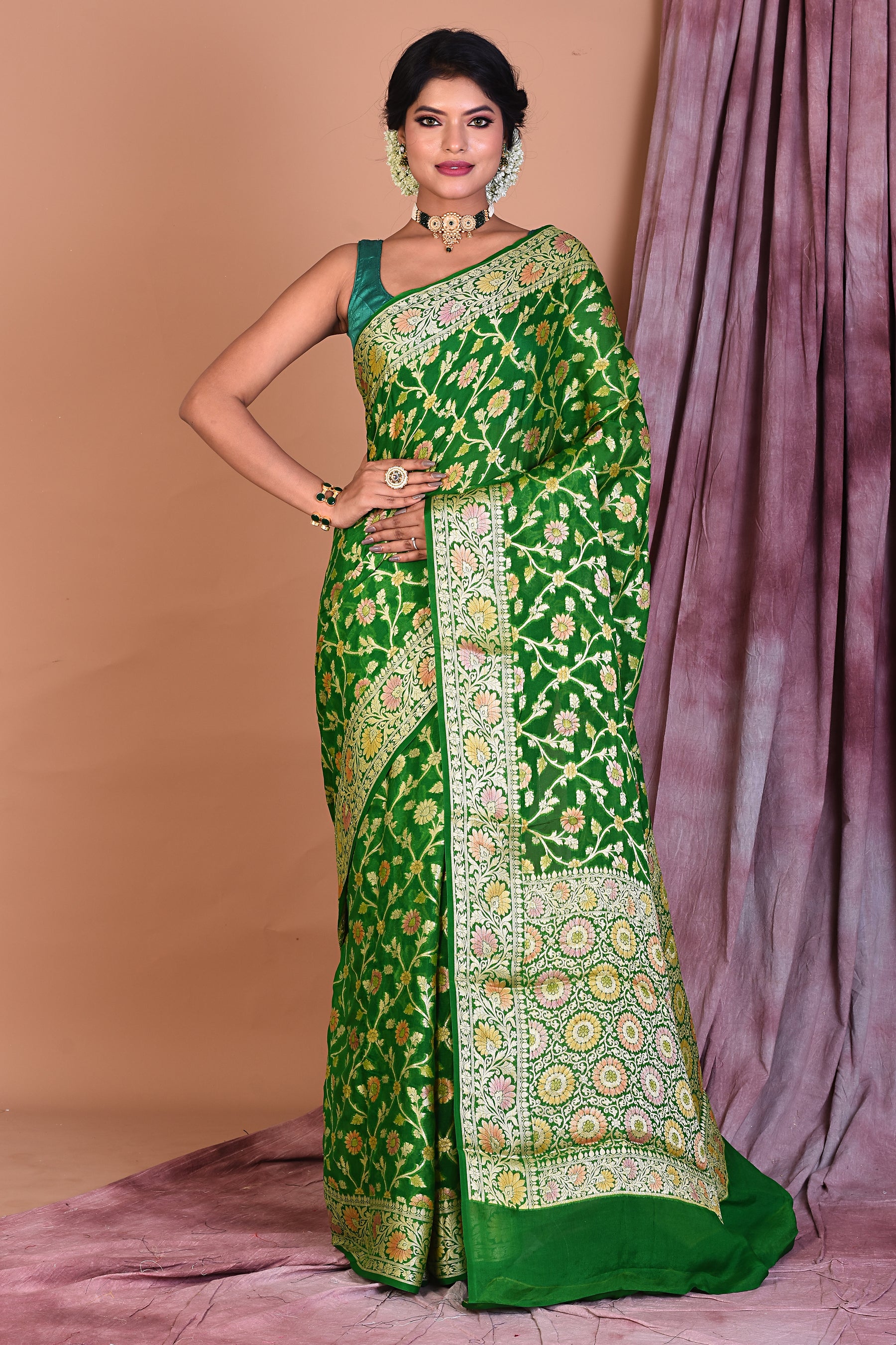 Leaf Green Pure Khaddi Georgette Saree with Golden Zari - Keya Seth Exclusive