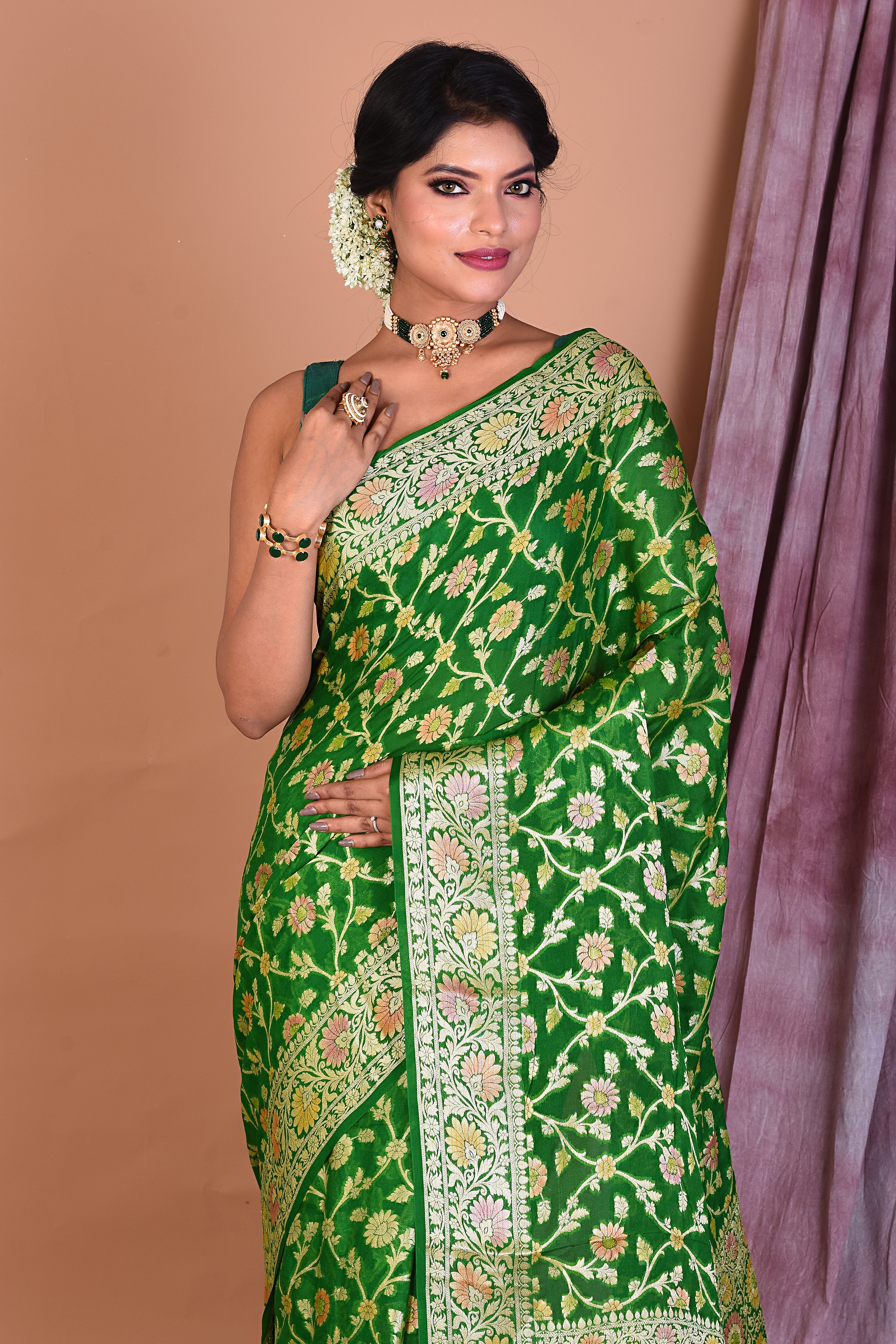 Leaf Green Pure Khaddi Georgette Saree with Golden Zari - Keya Seth Exclusive