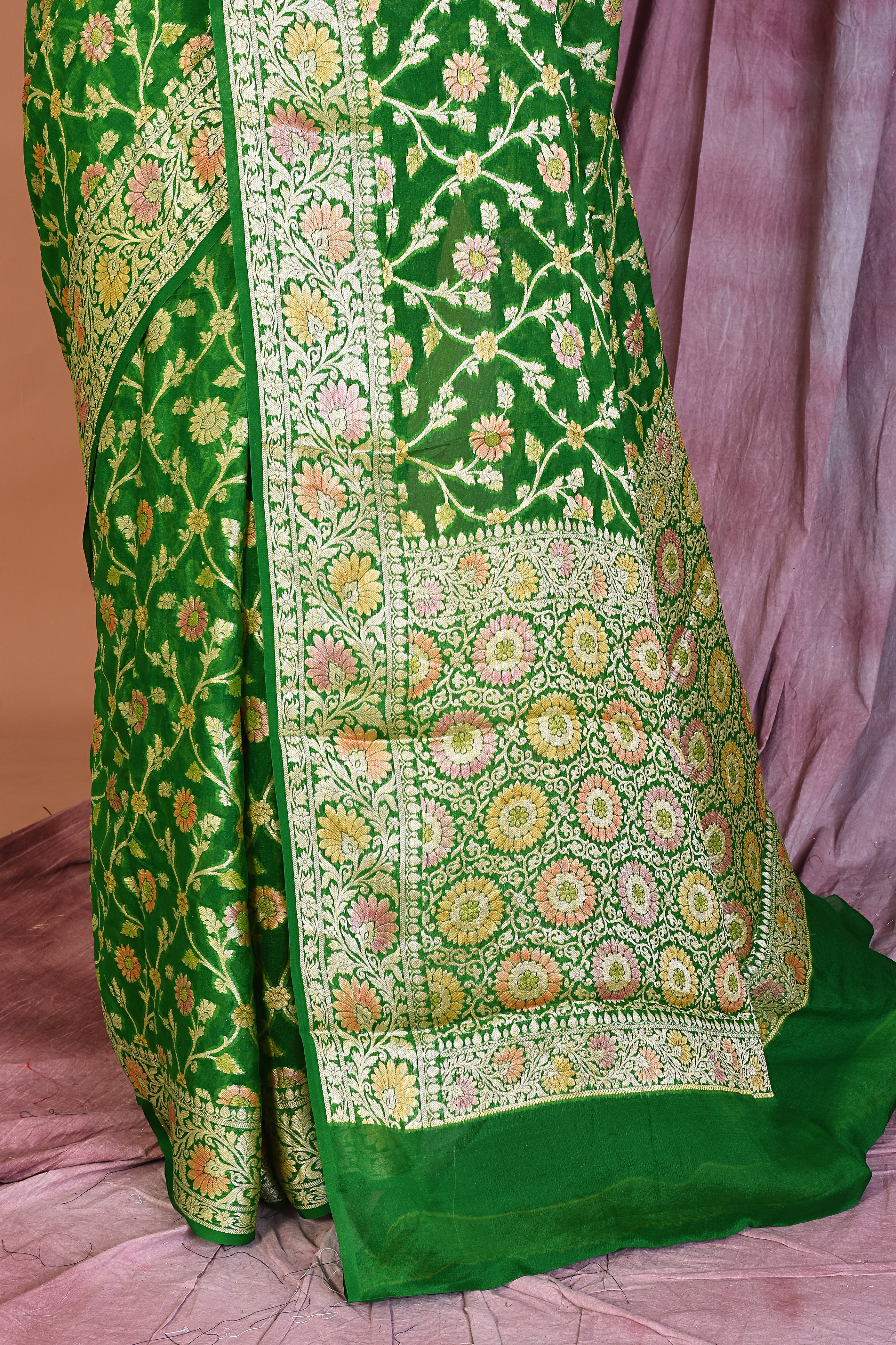 Leaf Green Pure Khaddi Georgette Saree with Golden Zari - Keya Seth Exclusive