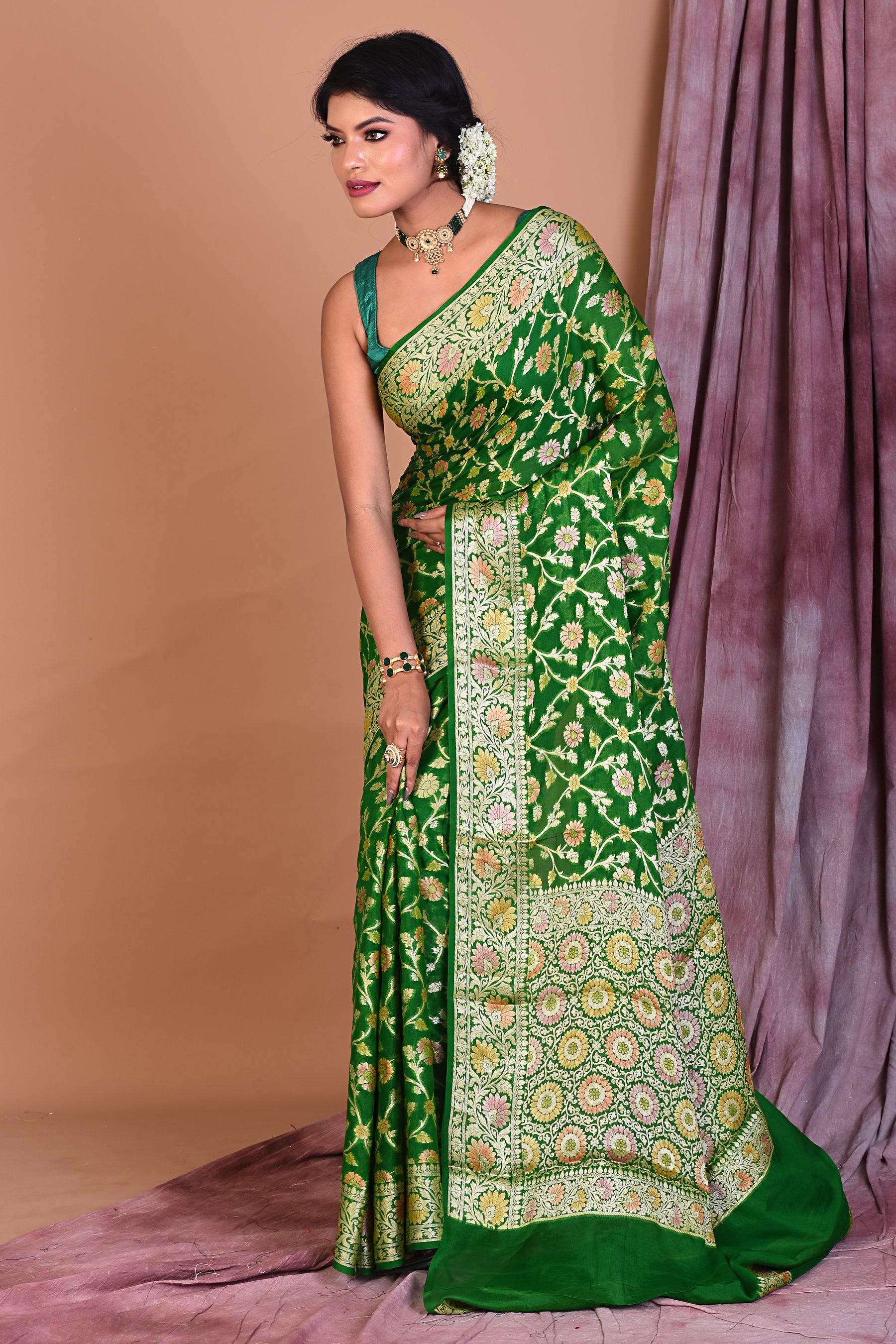 Leaf Green Pure Khaddi Georgette Saree with Golden Zari - Keya Seth Exclusive