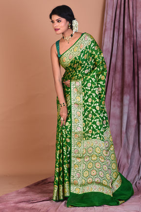 Leaf Green Pure Khaddi Georgette Saree with Golden Zari - Keya Seth Exclusive