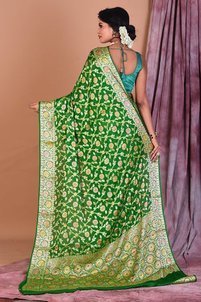 Leaf Green Pure Khaddi Georgette Saree with Golden Zari - Keya Seth Exclusive