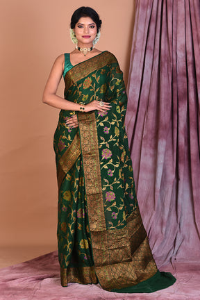 Bottle Green Pure Khaddi Georgette Saree with Golden Zari - Keya Seth Exclusive