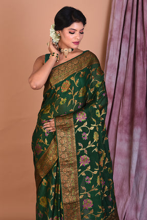 Bottle Green Pure Khaddi Georgette Saree with Golden Zari - Keya Seth Exclusive