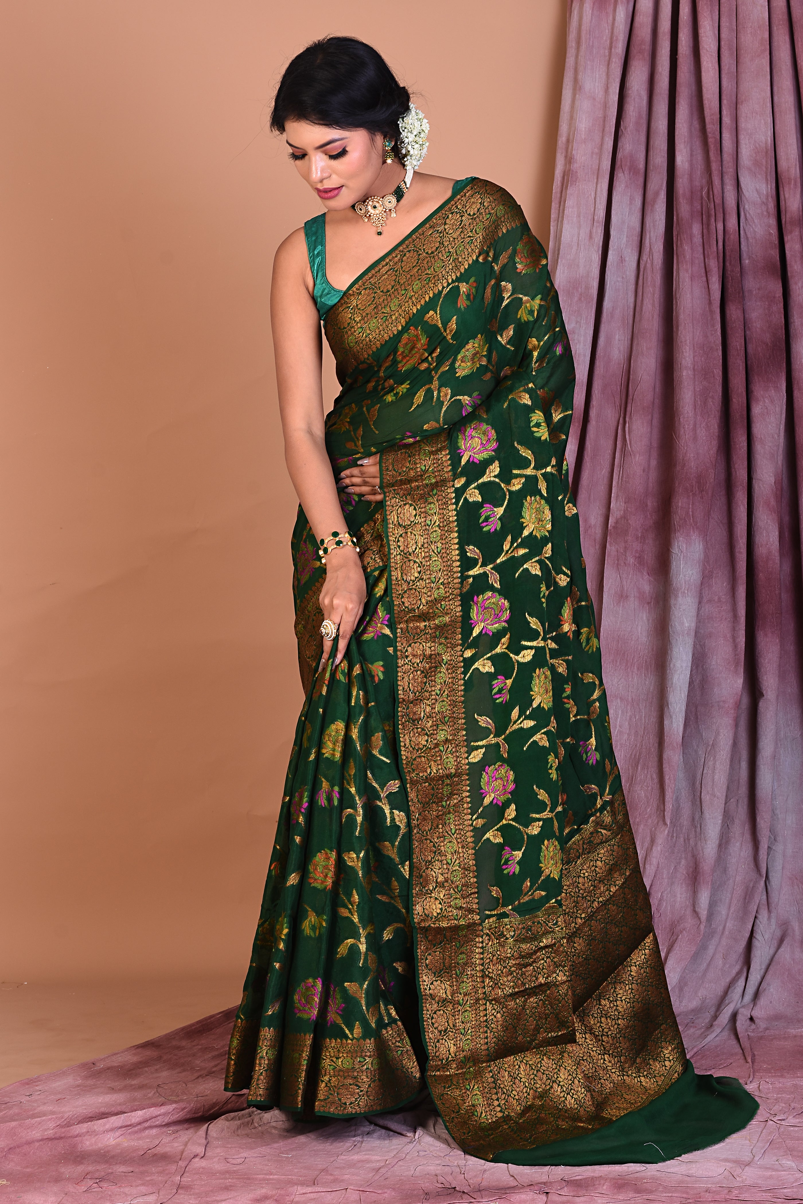 Bottle Green Pure Khaddi Georgette Saree with Golden Zari - Keya Seth Exclusive