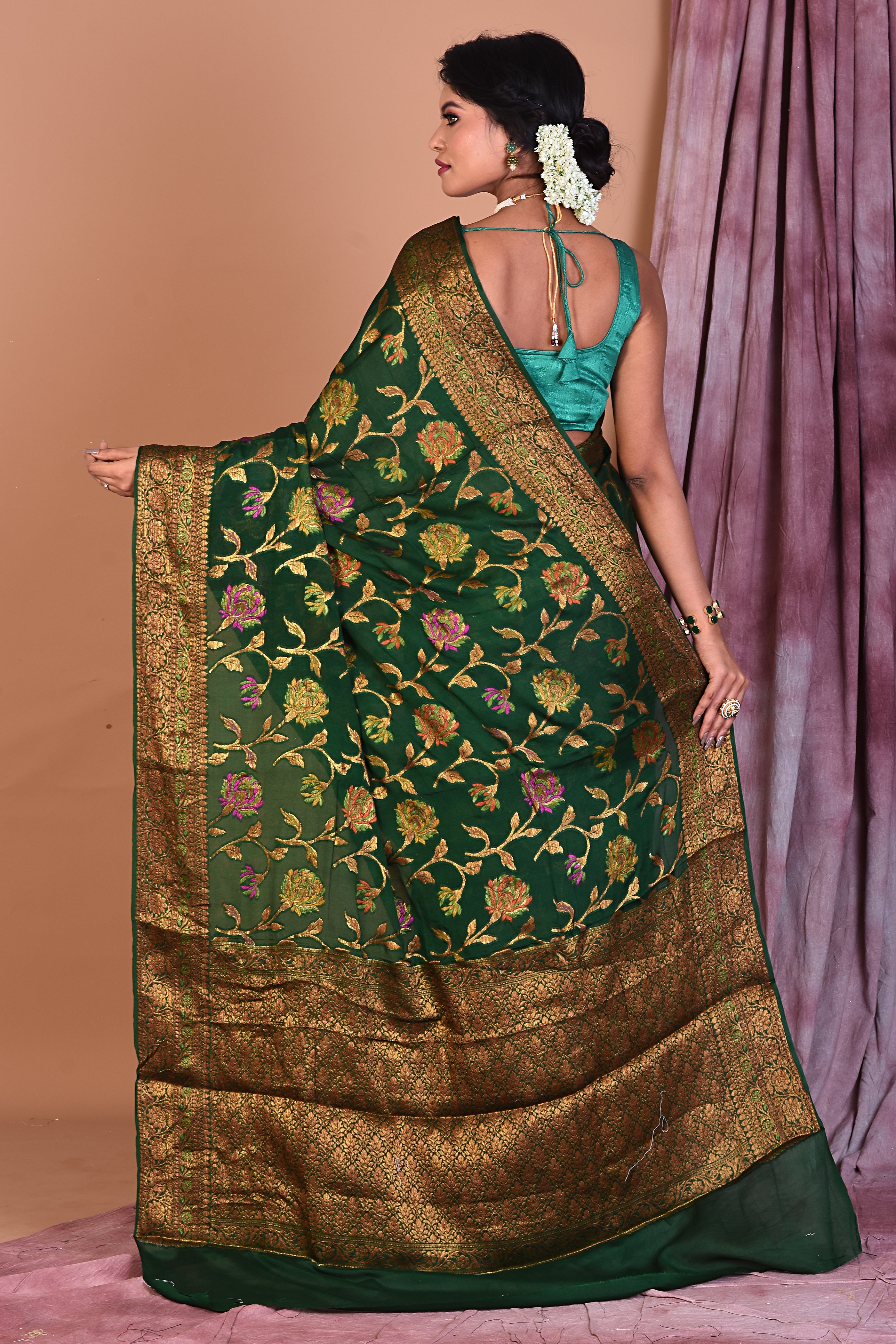 Bottle Green Pure Khaddi Georgette Saree with Golden Zari - Keya Seth Exclusive