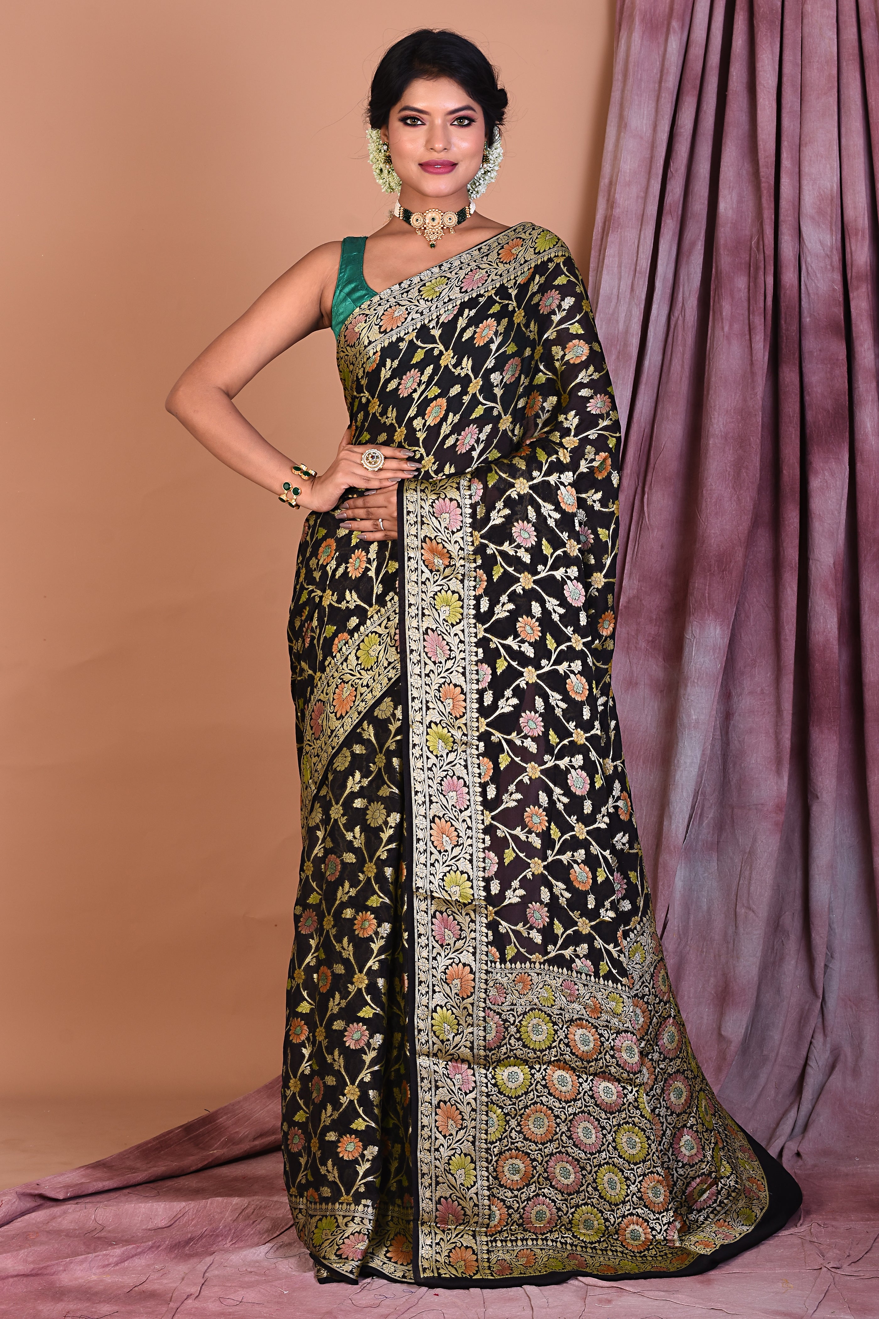 Black Pure Khaddi Georgette Saree with Golden Zari - Keya Seth Exclusive