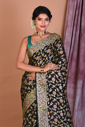 Black Pure Khaddi Georgette Saree with Golden Zari - Keya Seth Exclusive