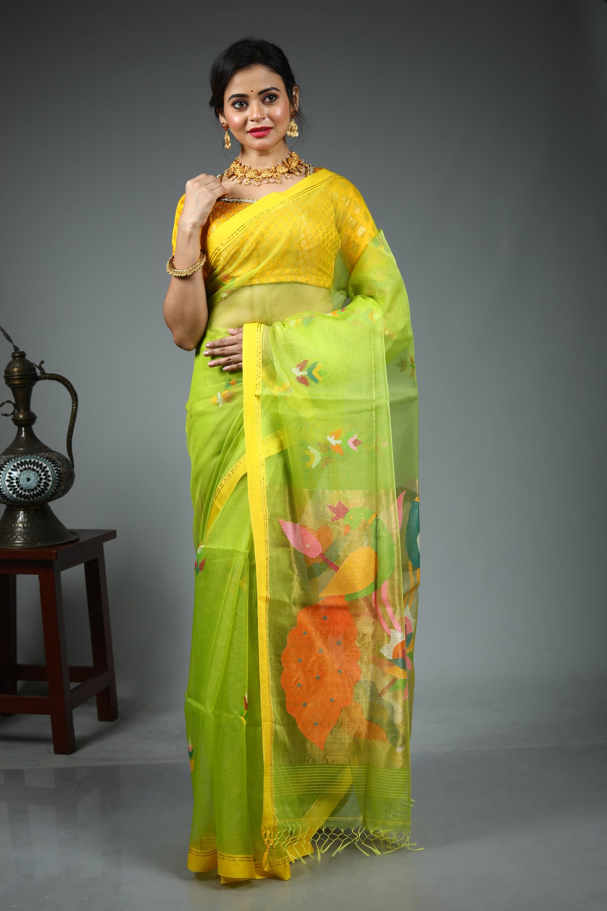 Parrot Green Pure Muslin Saree