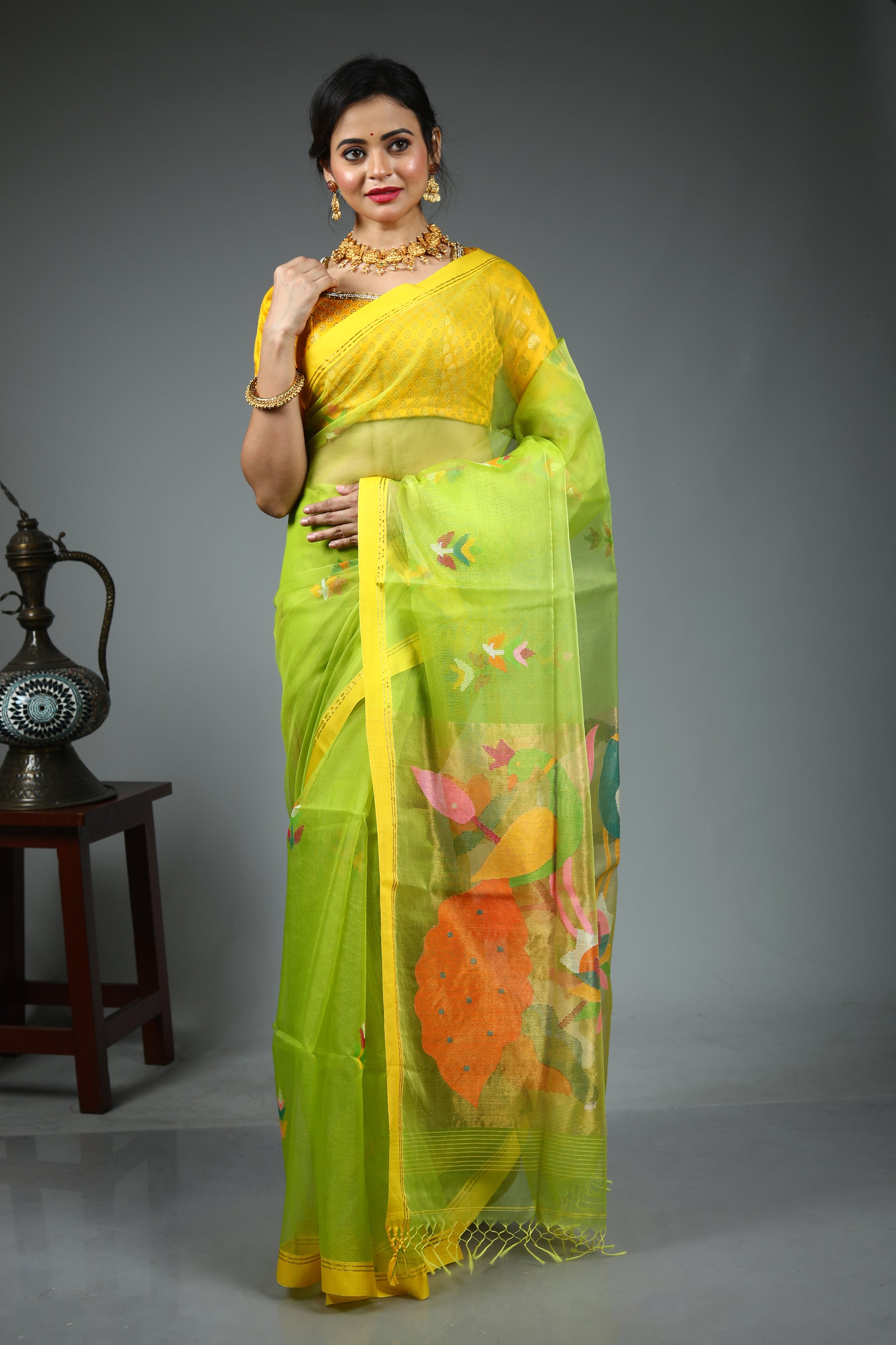Parrot Green Pure Muslin Saree