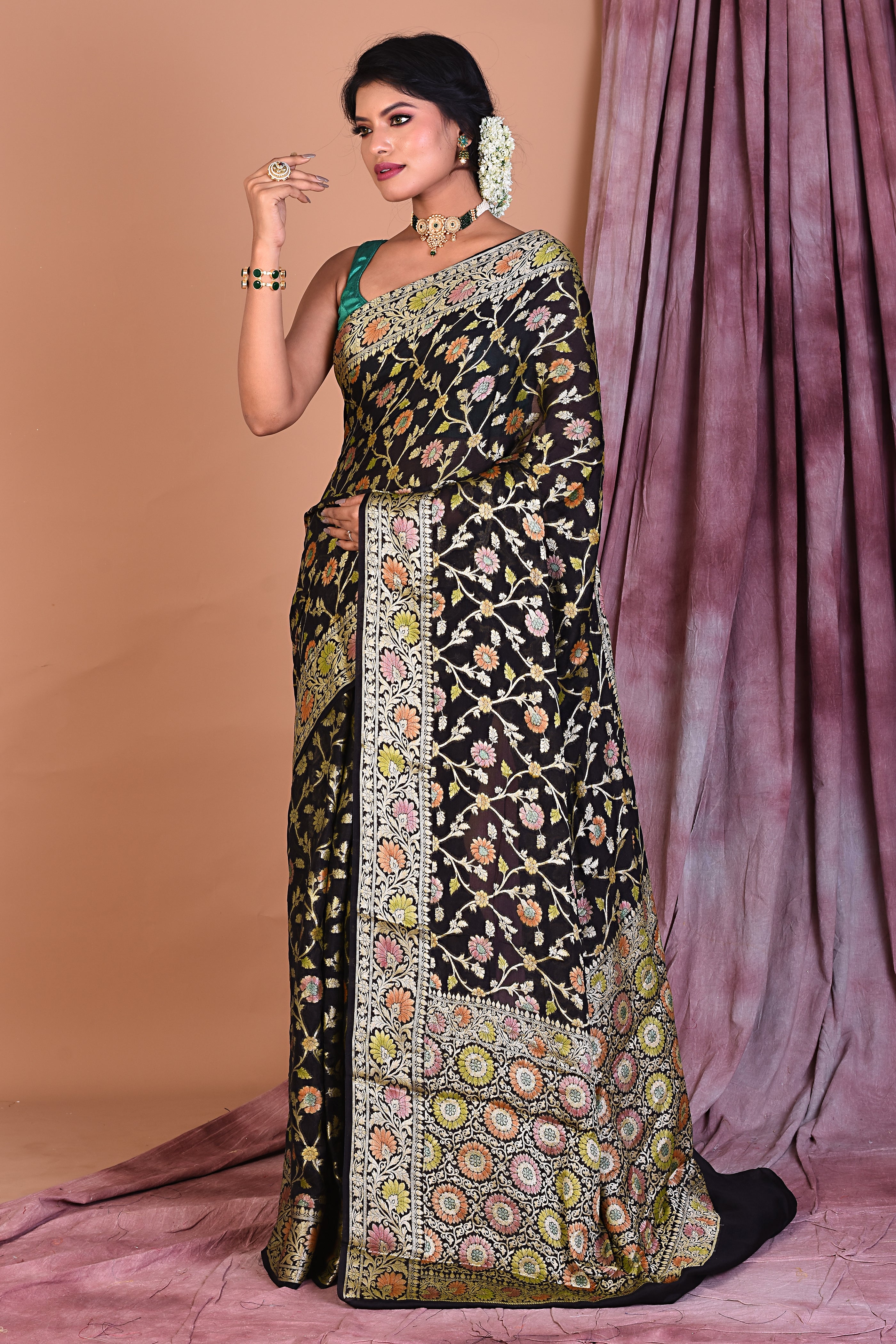 Black Pure Khaddi Georgette Saree with Golden Zari - Keya Seth Exclusive