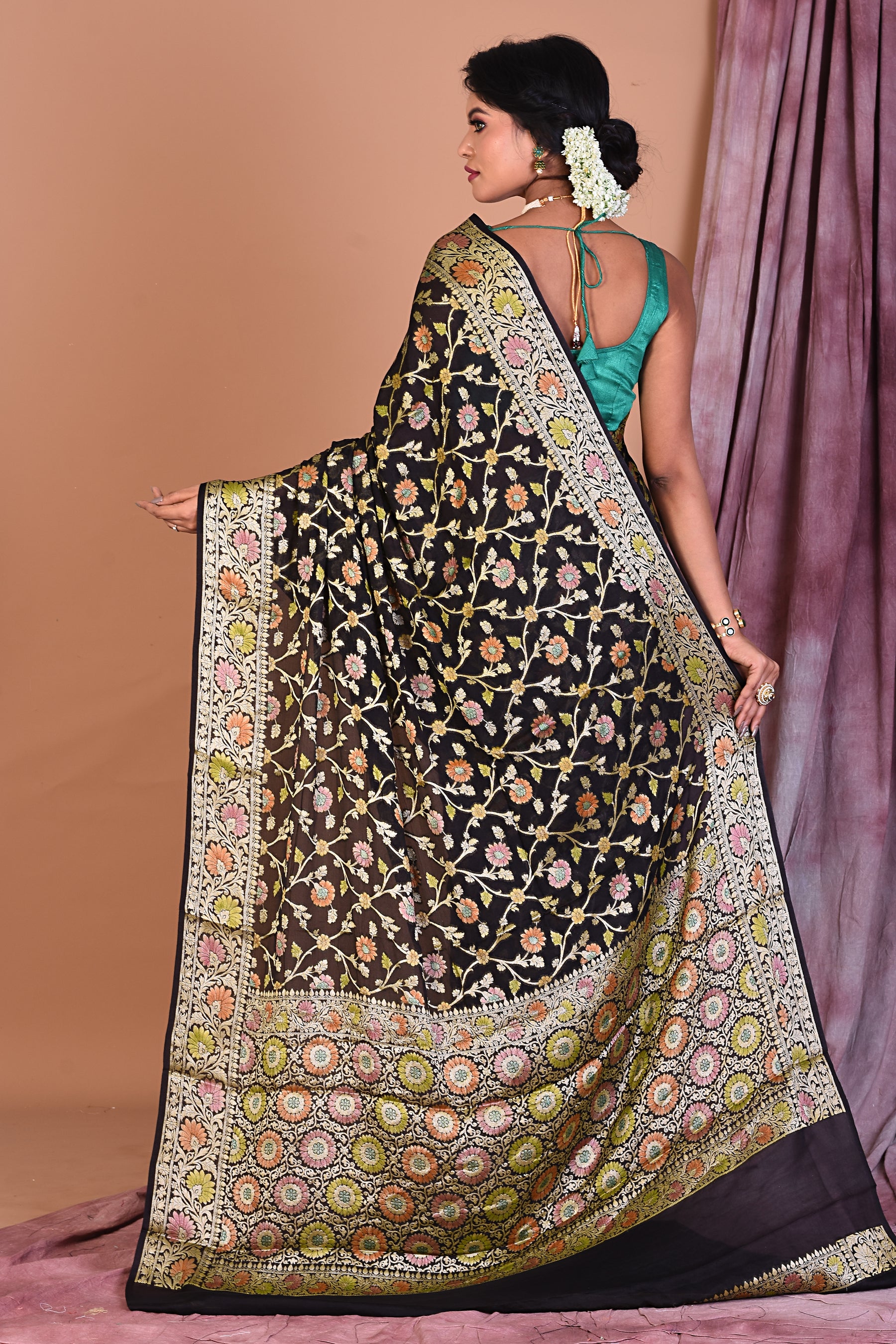 Black Pure Khaddi Georgette Saree with Golden Zari - Keya Seth Exclusive