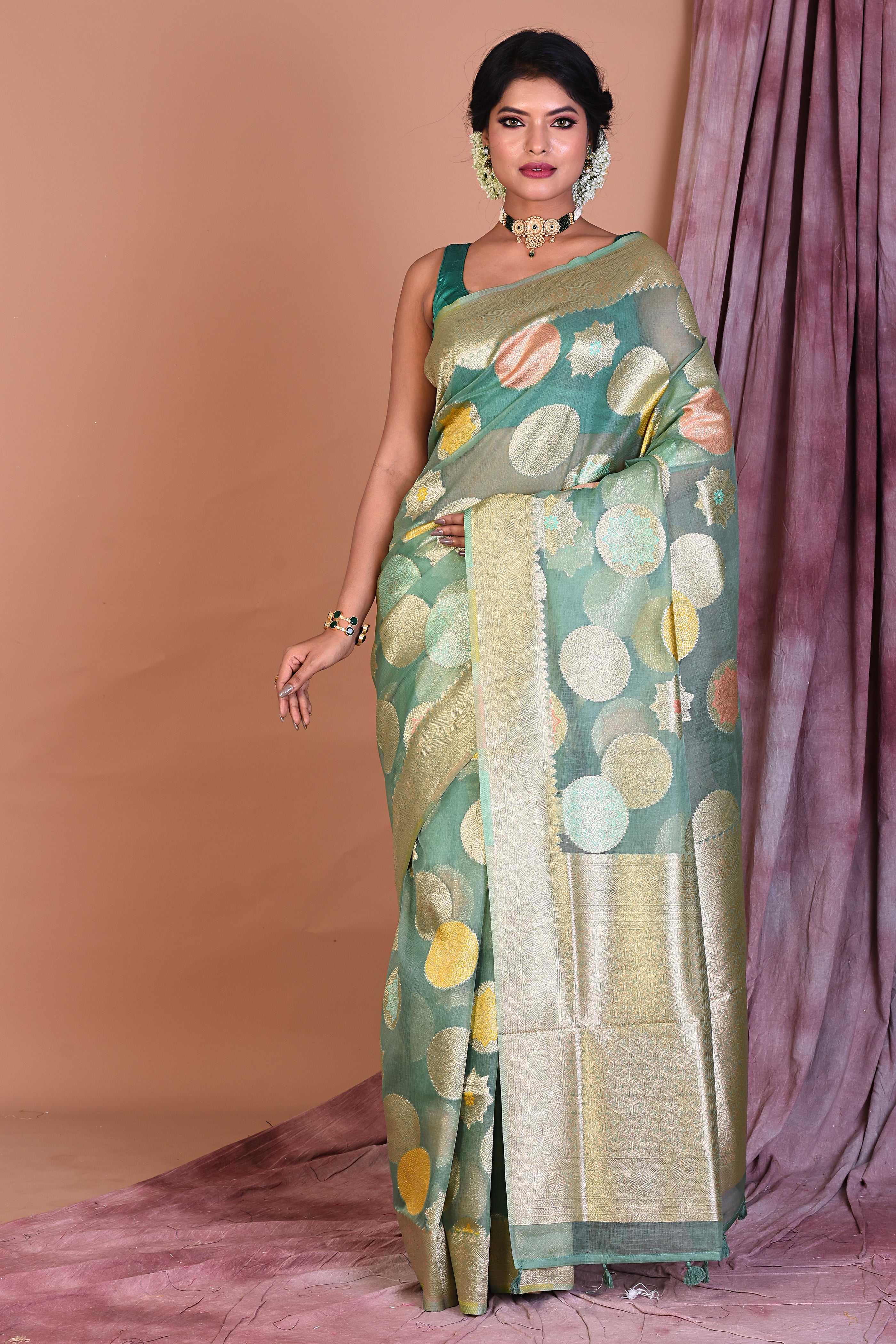 Light Green Blended Organza Saree with Zari Work - Keya Seth Exclusive