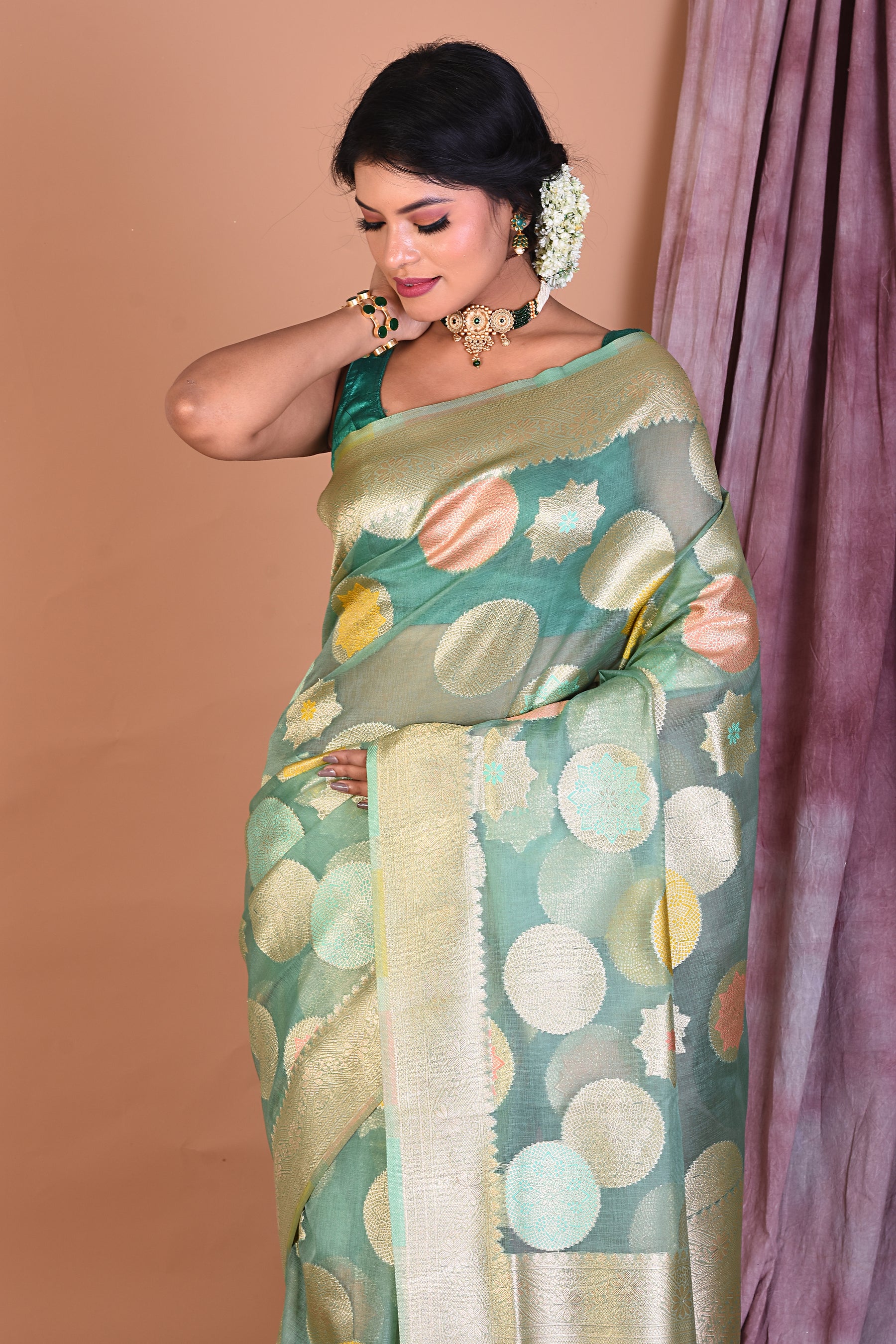 Light Green Blended Organza Saree with Zari Work - Keya Seth Exclusive