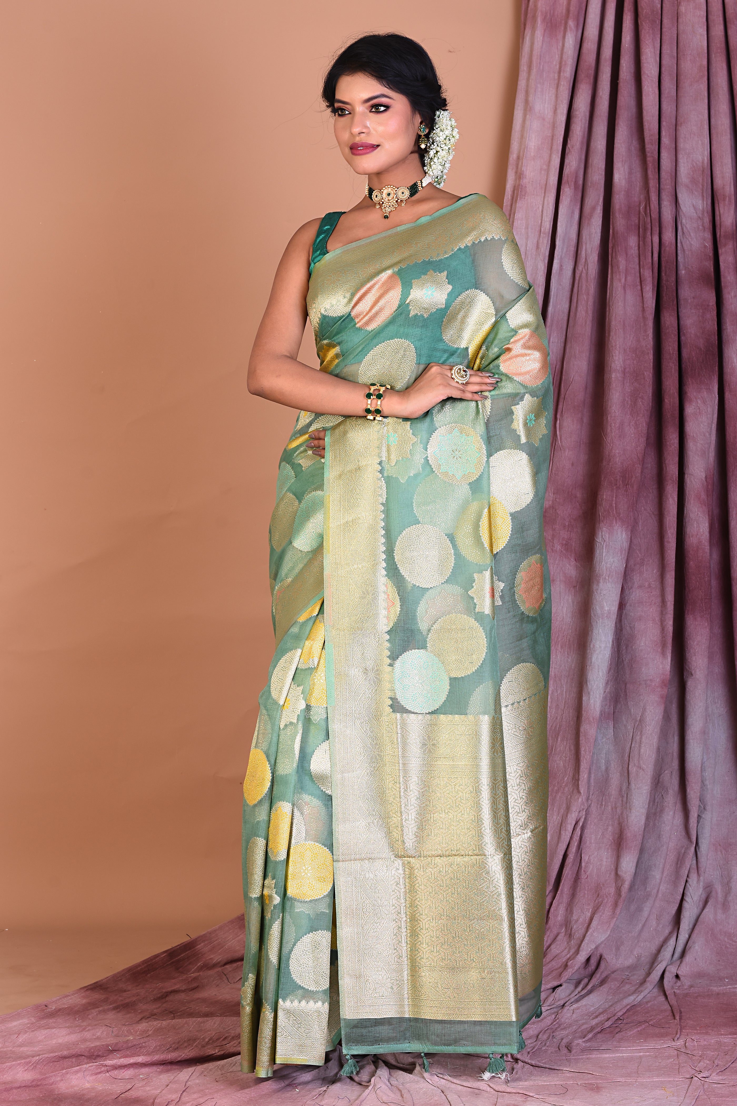 Light Green Blended Organza Saree with Zari Work - Keya Seth Exclusive