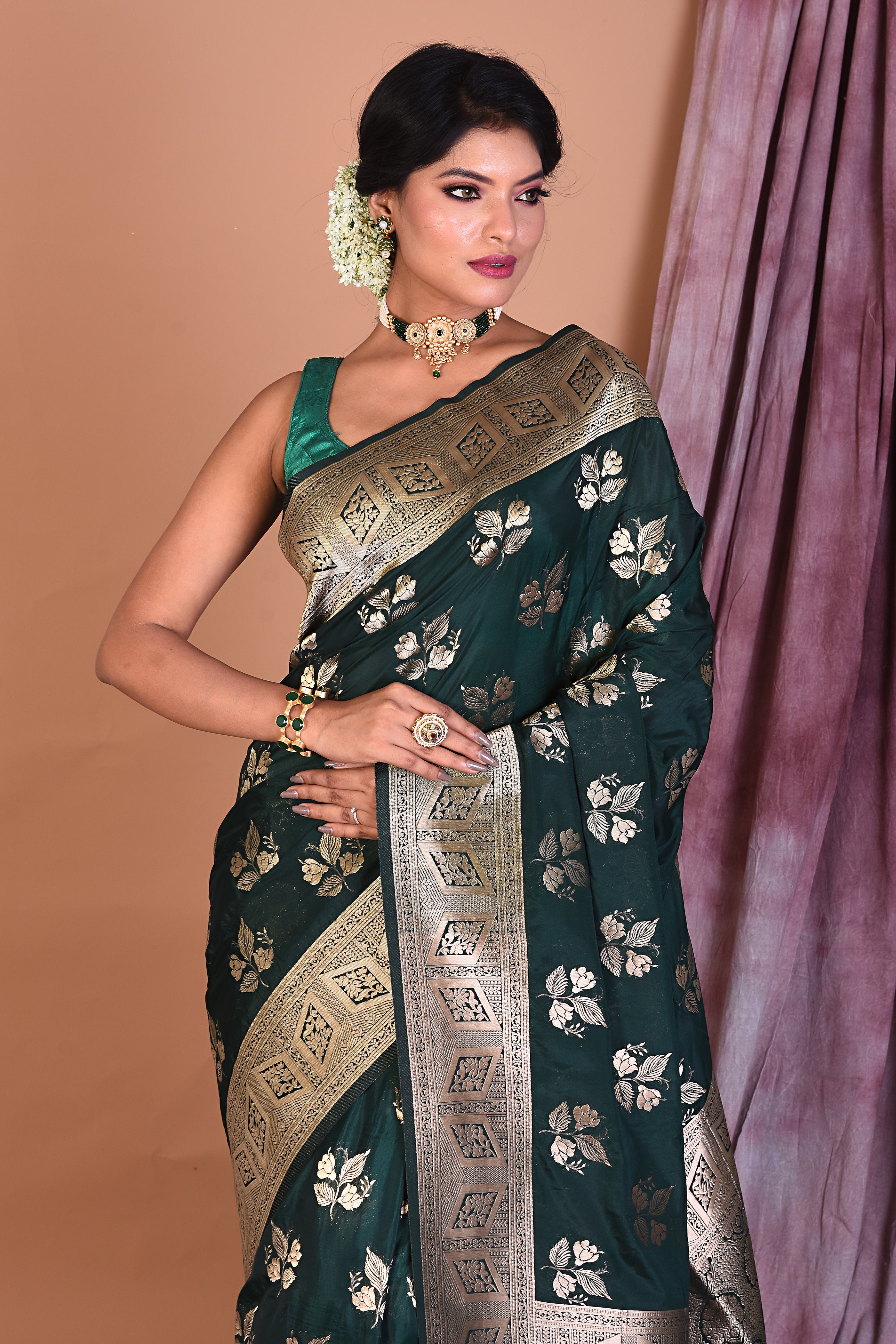 Bottle Green Blended Organza Saree with Zari Work - Keya Seth Exclusive