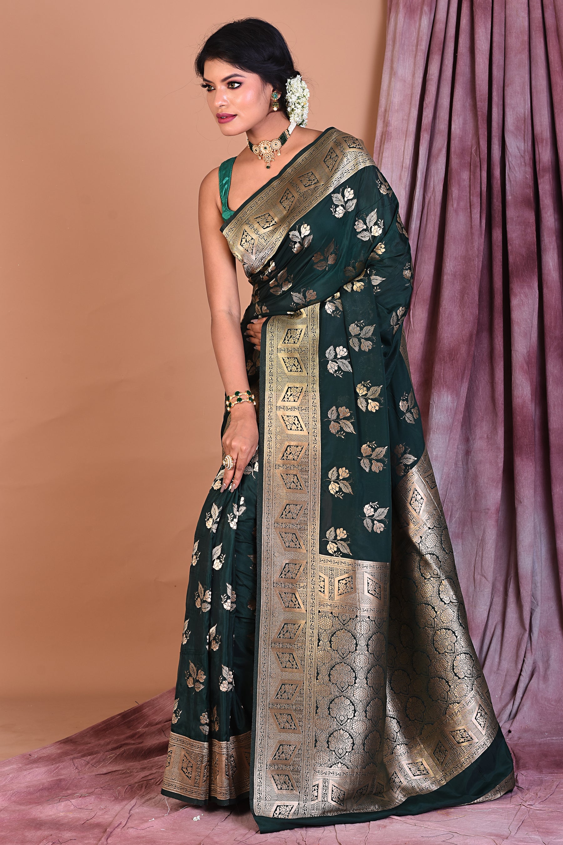 Bottle Green Blended Organza Saree with Zari Work - Keya Seth Exclusive