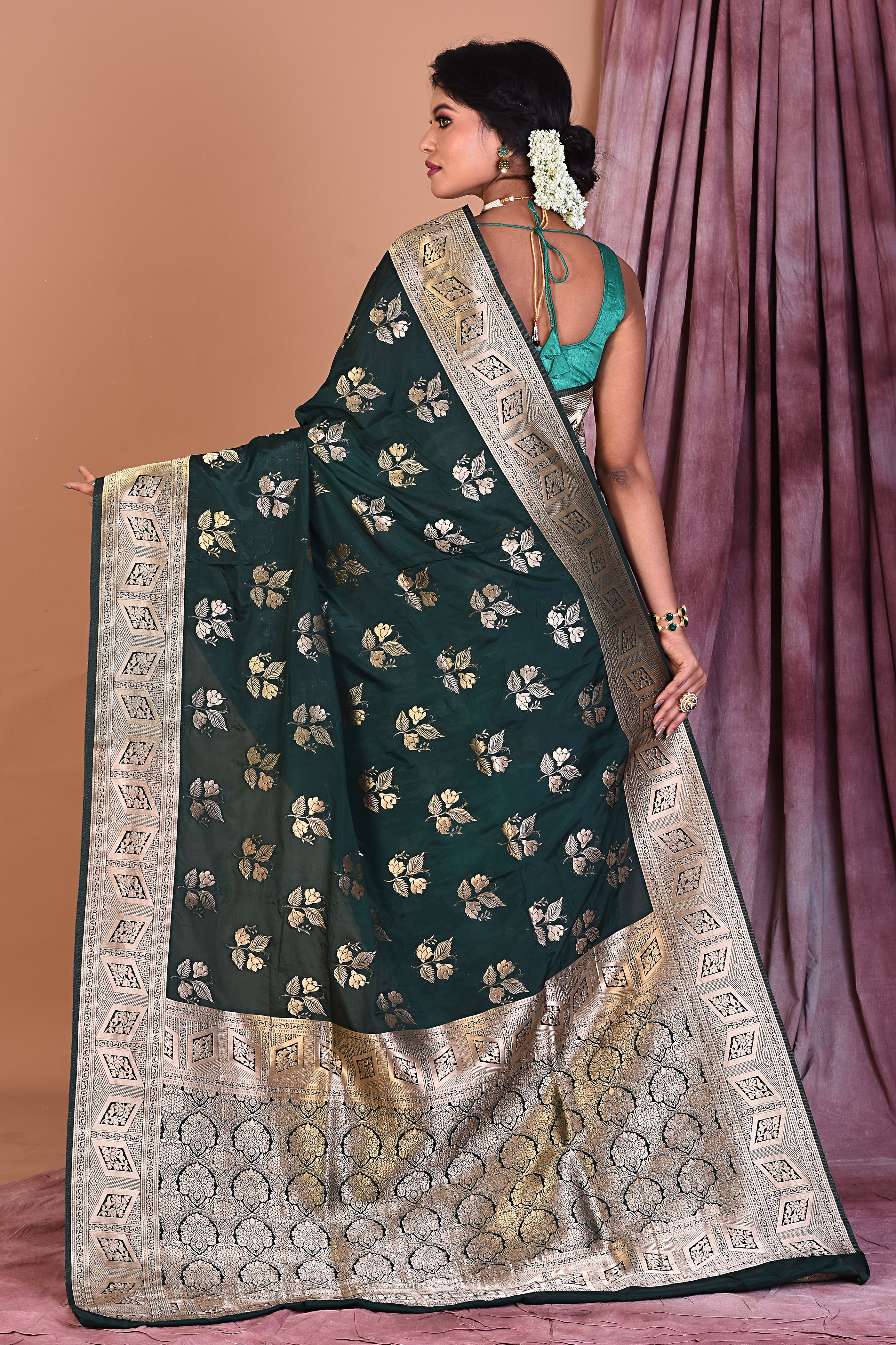 Bottle Green Blended Organza Saree with Zari Work - Keya Seth Exclusive