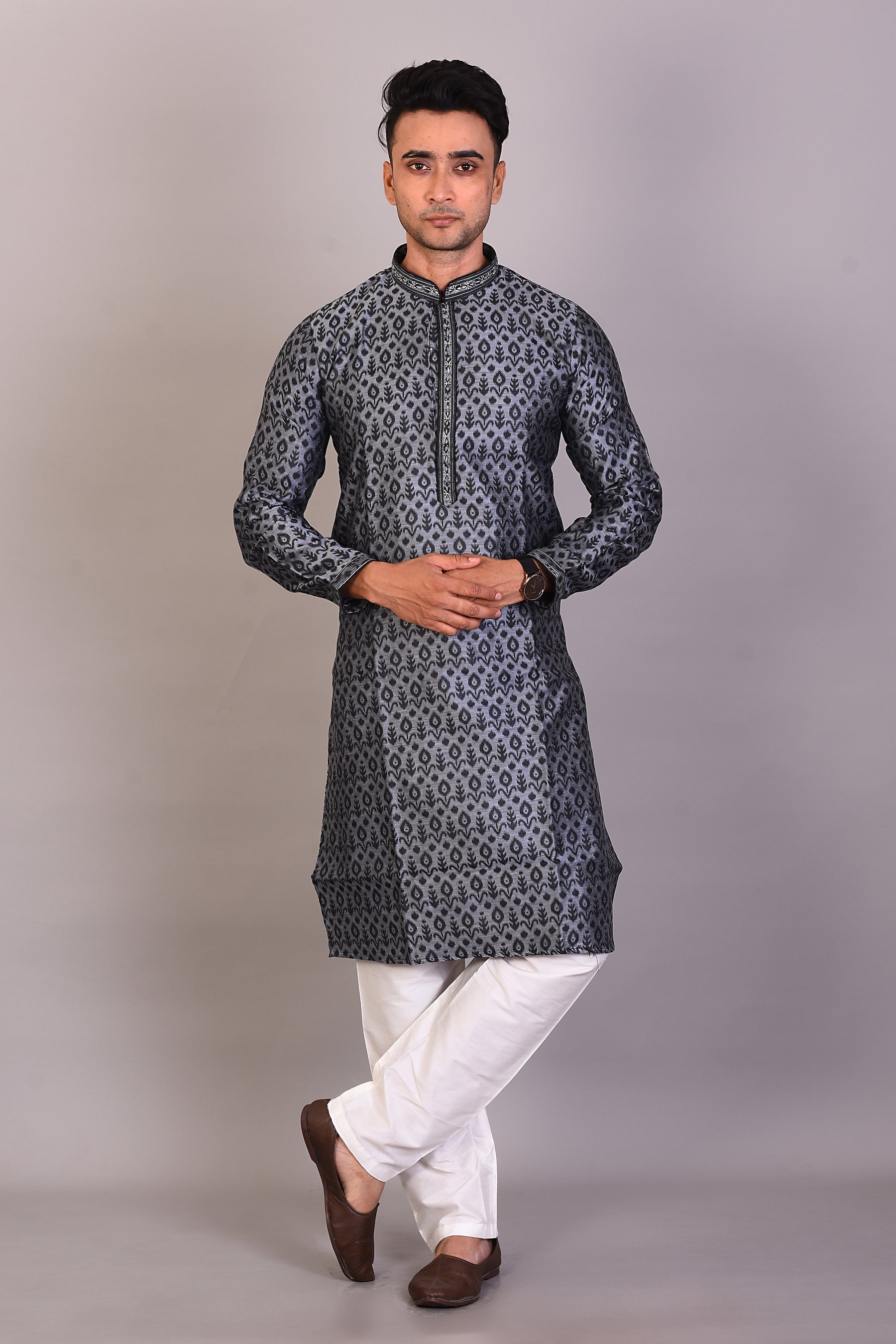 Grey Silk Kurta with Full Sleeves - Keya Seth Exclusive