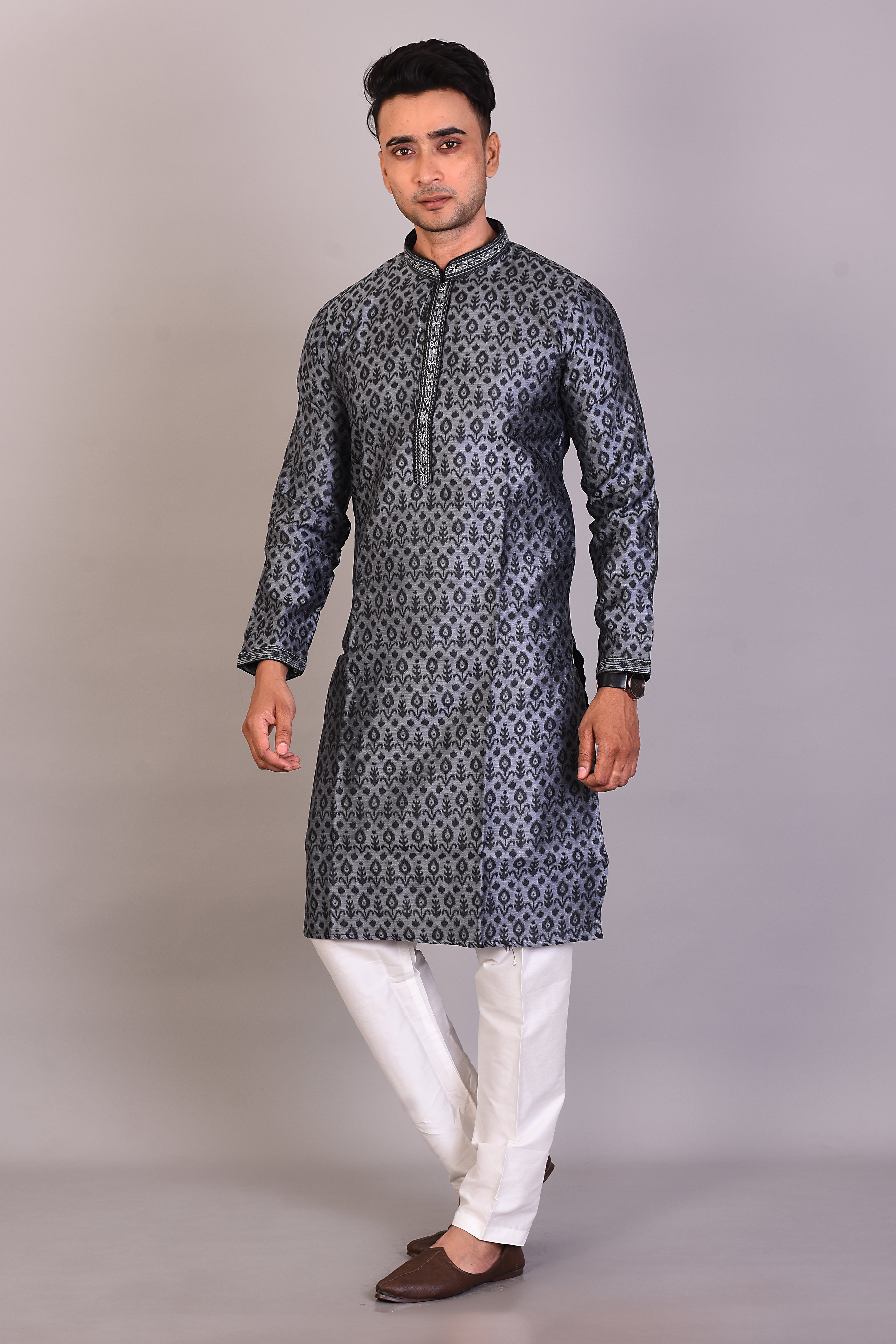 Grey Silk Kurta with Full Sleeves - Keya Seth Exclusive