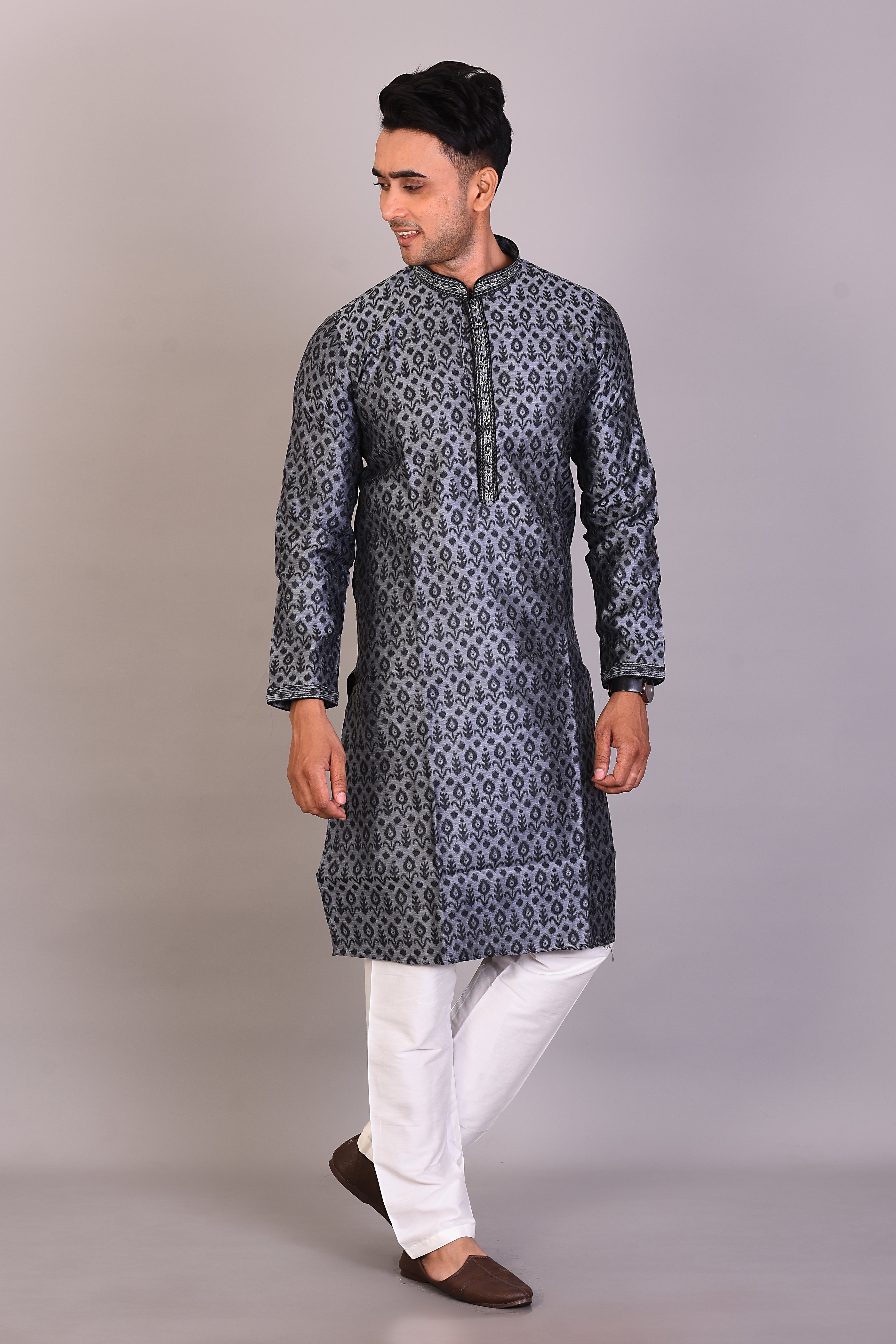 Grey Silk Kurta with Full Sleeves - Keya Seth Exclusive