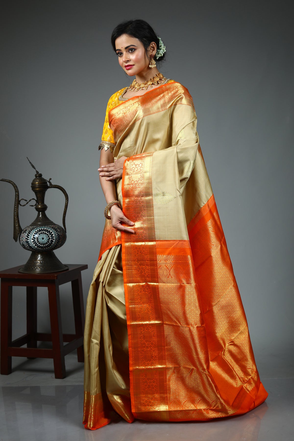 Beige Pure Kanjivaram Silk Saree