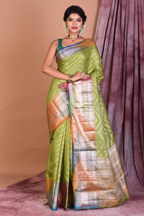 Parrot Green Blended Tissue Saree with Multicolored Border - Keya Seth Exclusive