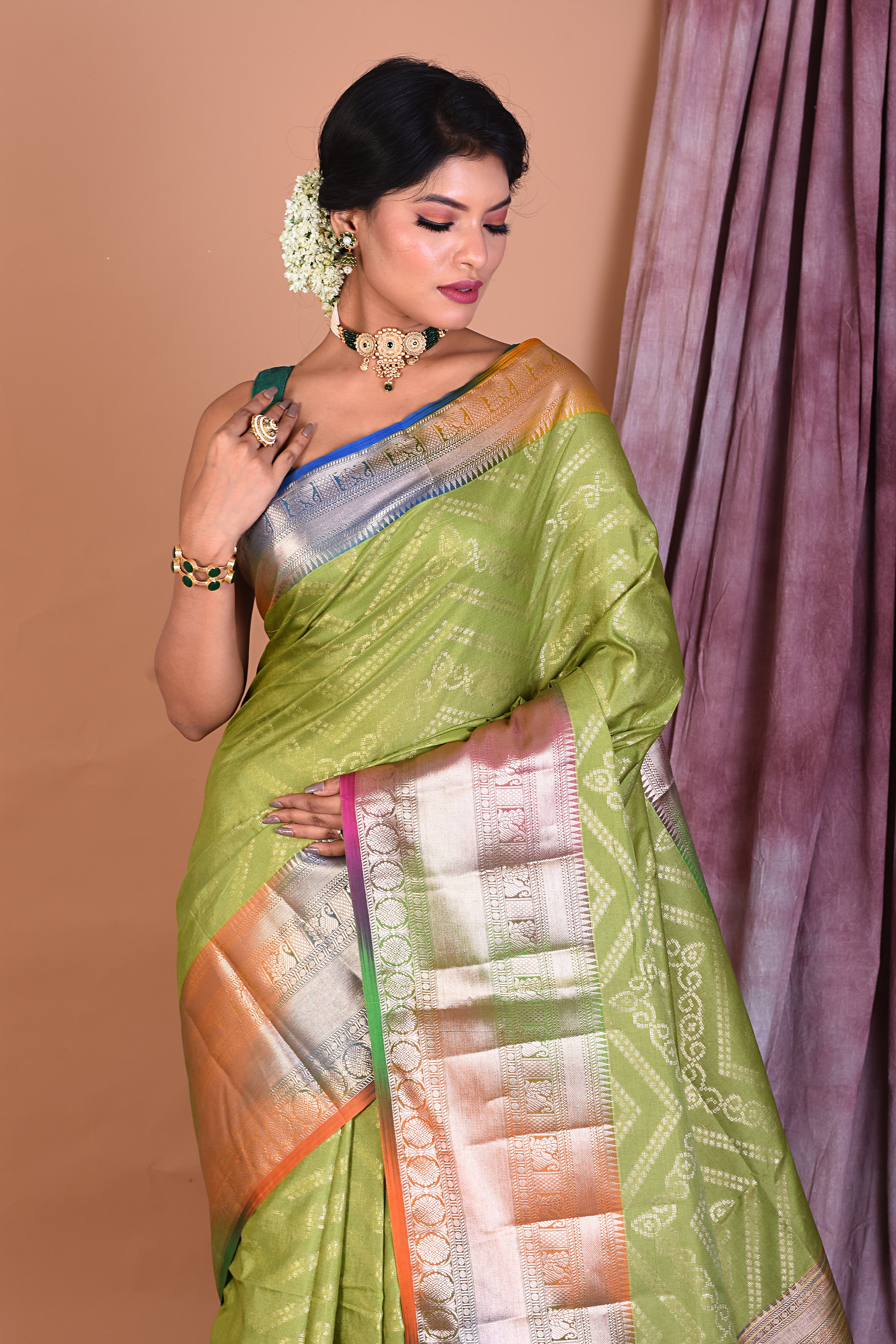 Parrot Green Blended Tissue Saree with Multicolored Border - Keya Seth Exclusive