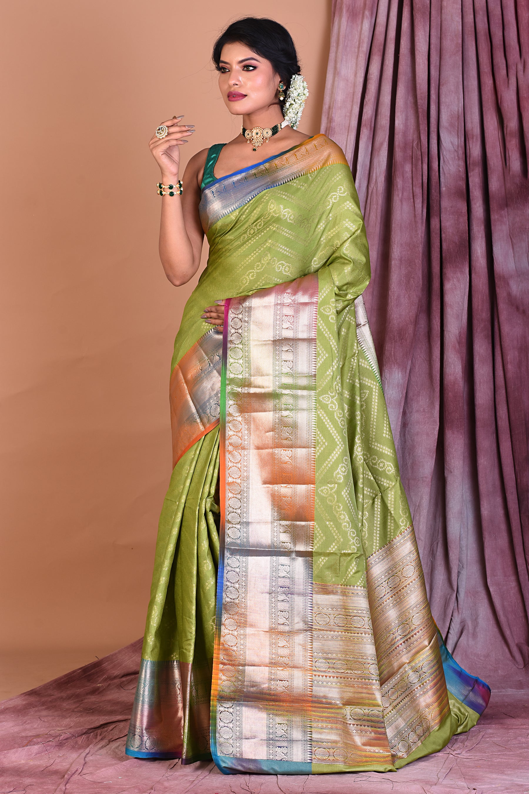 Parrot Green Blended Tissue Saree with Multicolored Border - Keya Seth Exclusive