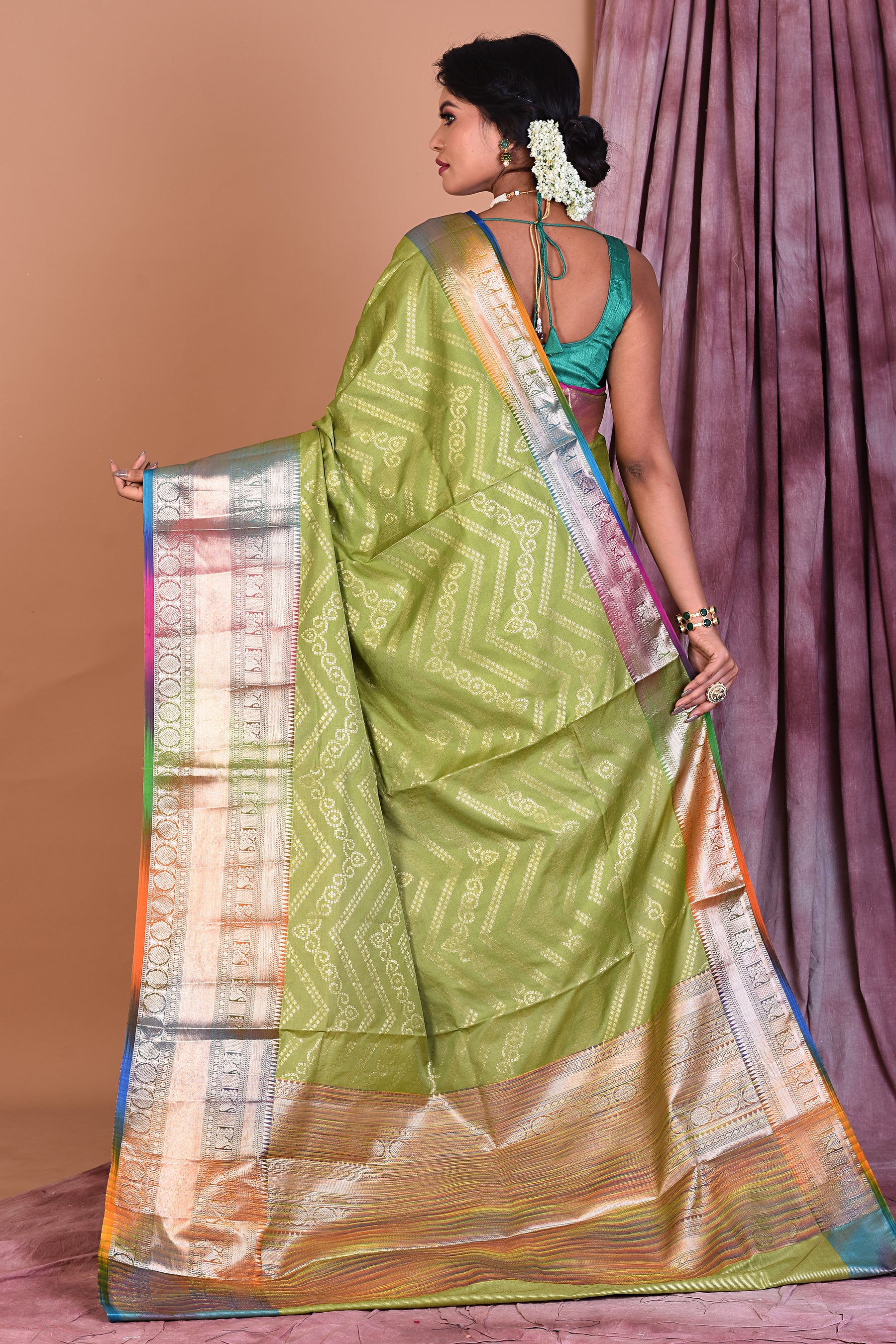 Parrot Green Blended Tissue Saree with Multicolored Border - Keya Seth Exclusive