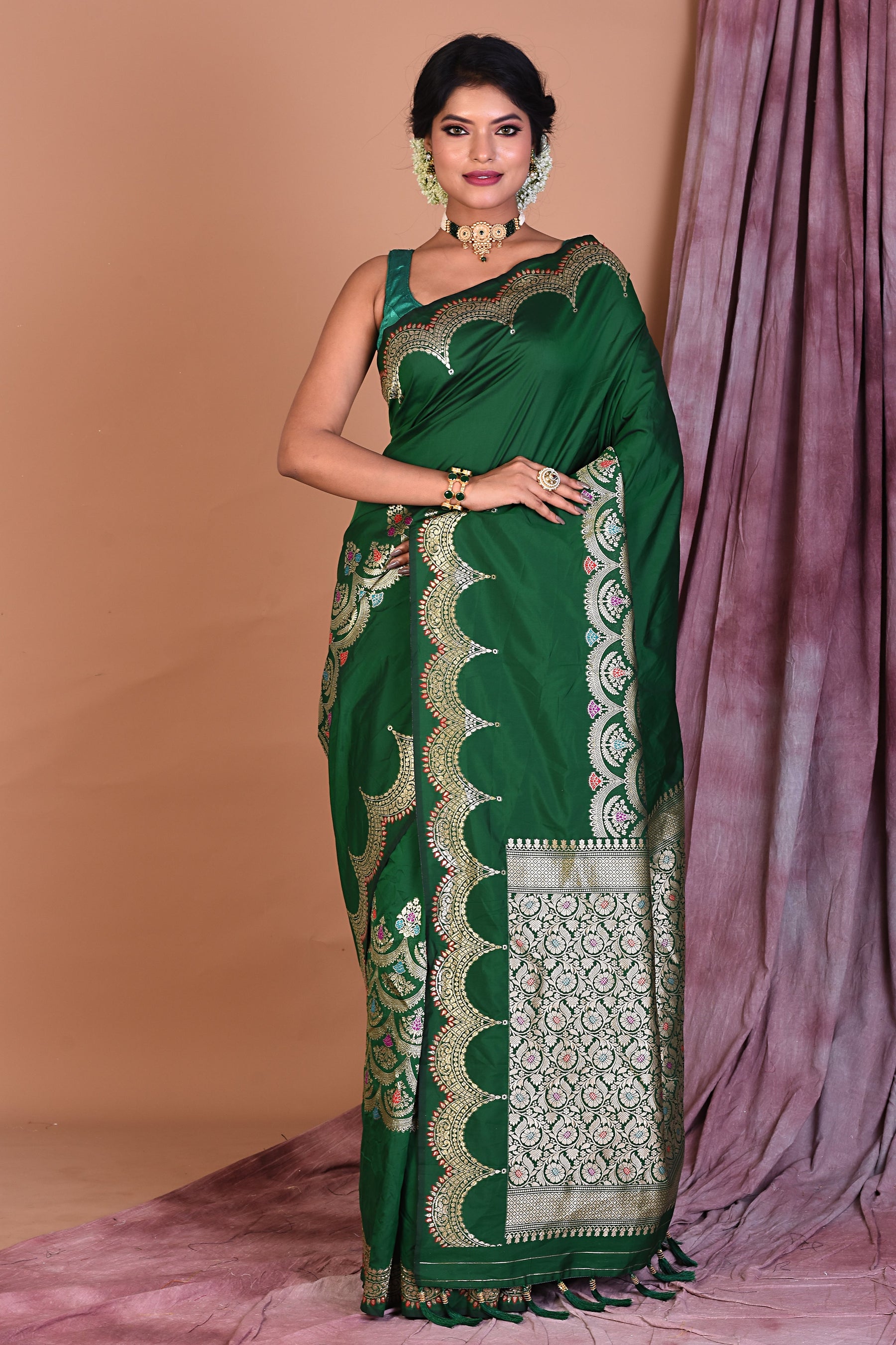 Green Blended Silk Saree with Golden Zari - Keya Seth Exclusive