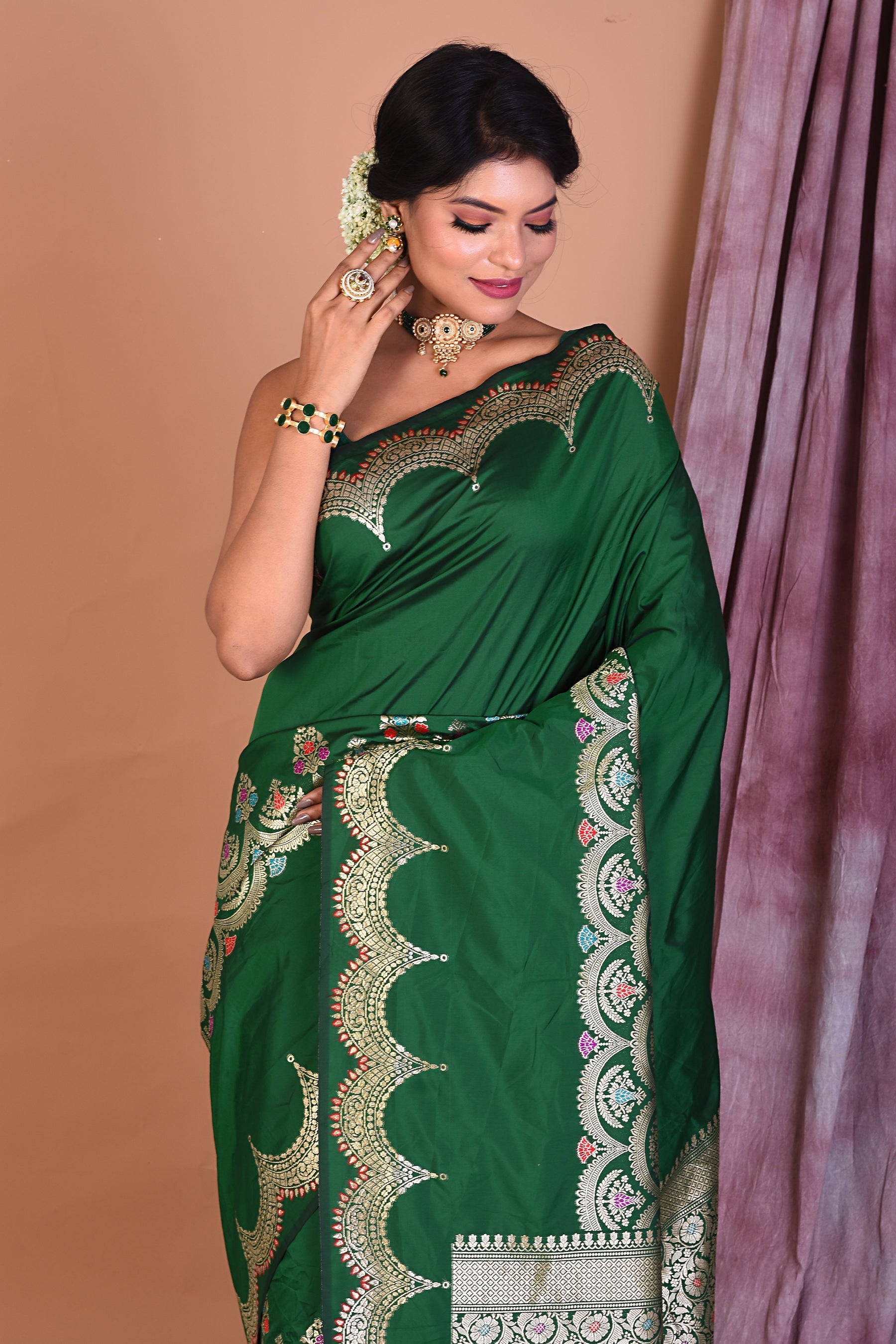 Green Blended Silk Saree with Golden Zari - Keya Seth Exclusive