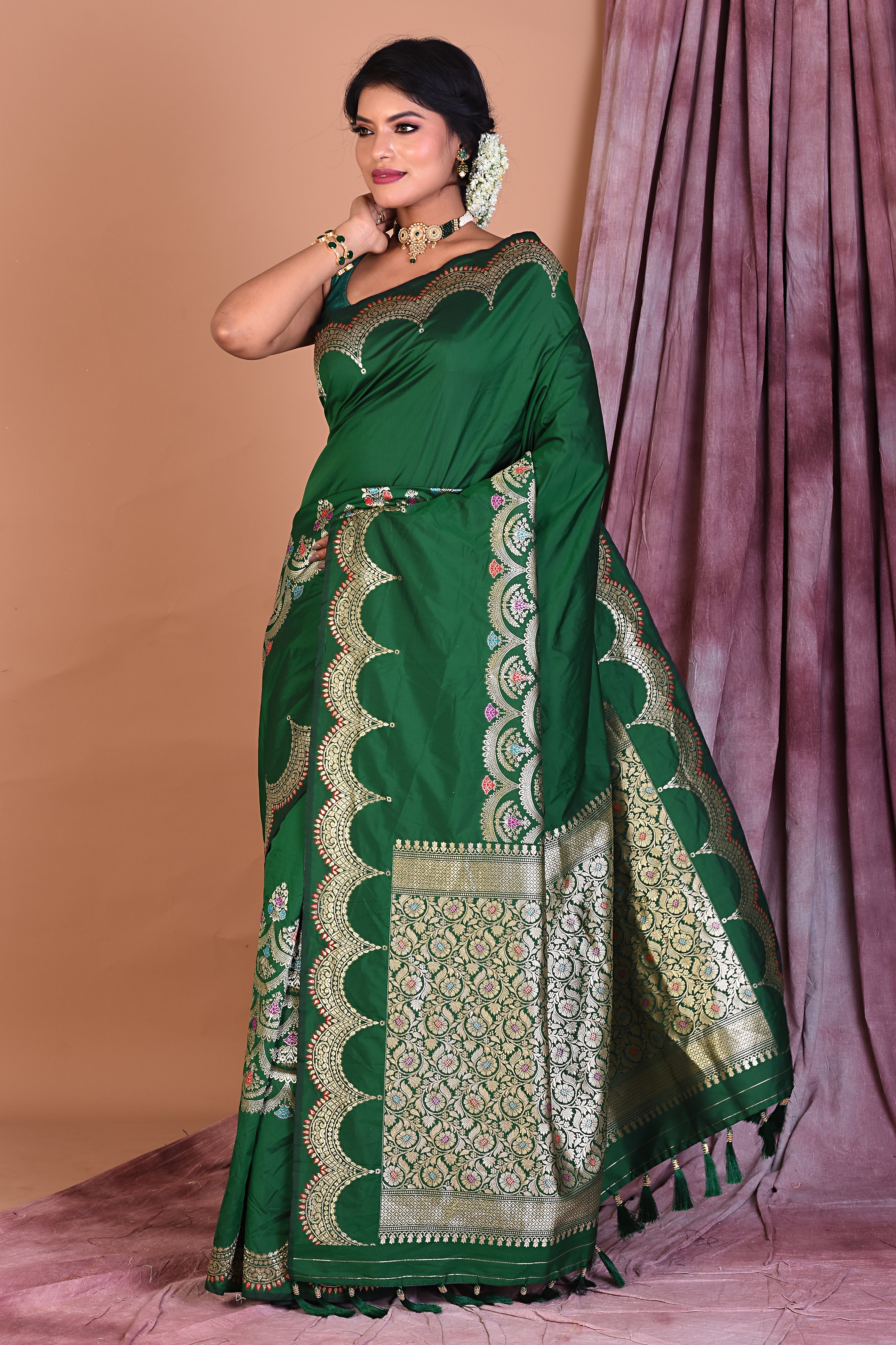 Green Blended Silk Saree with Golden Zari - Keya Seth Exclusive