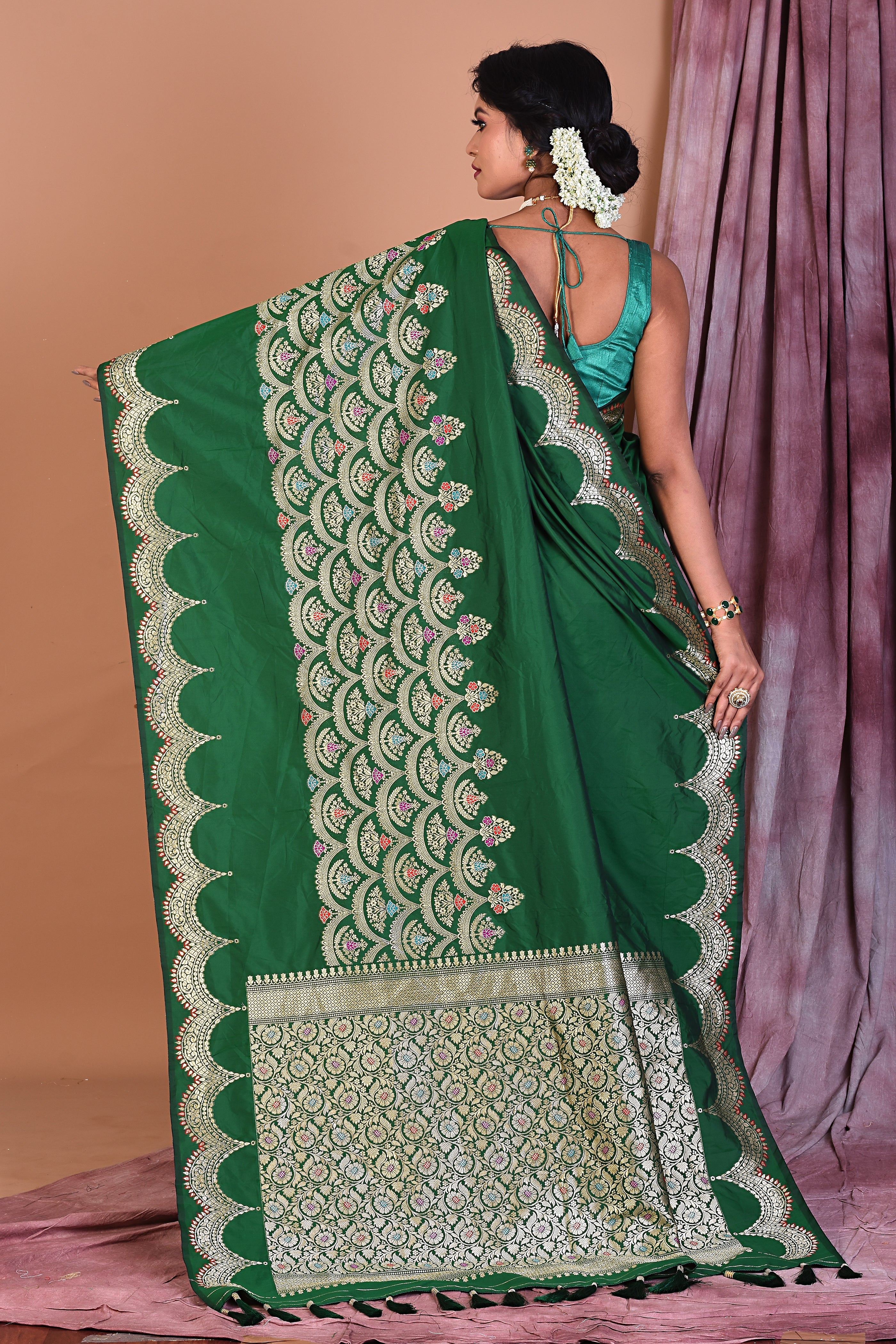 Green Blended Silk Saree with Golden Zari - Keya Seth Exclusive