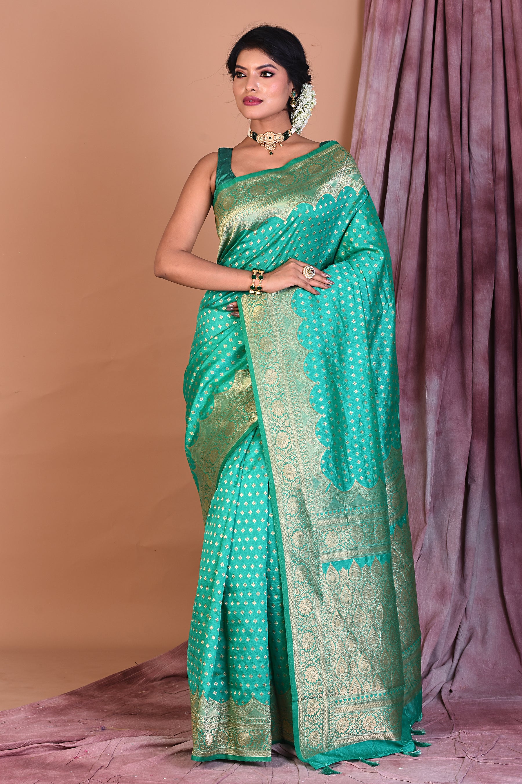 Sea Green Semi Katan Saree with Golden Zari - Keya Seth Exclusive