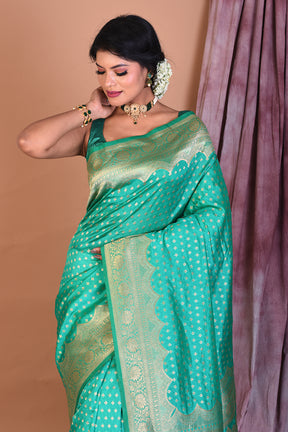 Sea Green Semi Katan Saree with Golden Zari - Keya Seth Exclusive